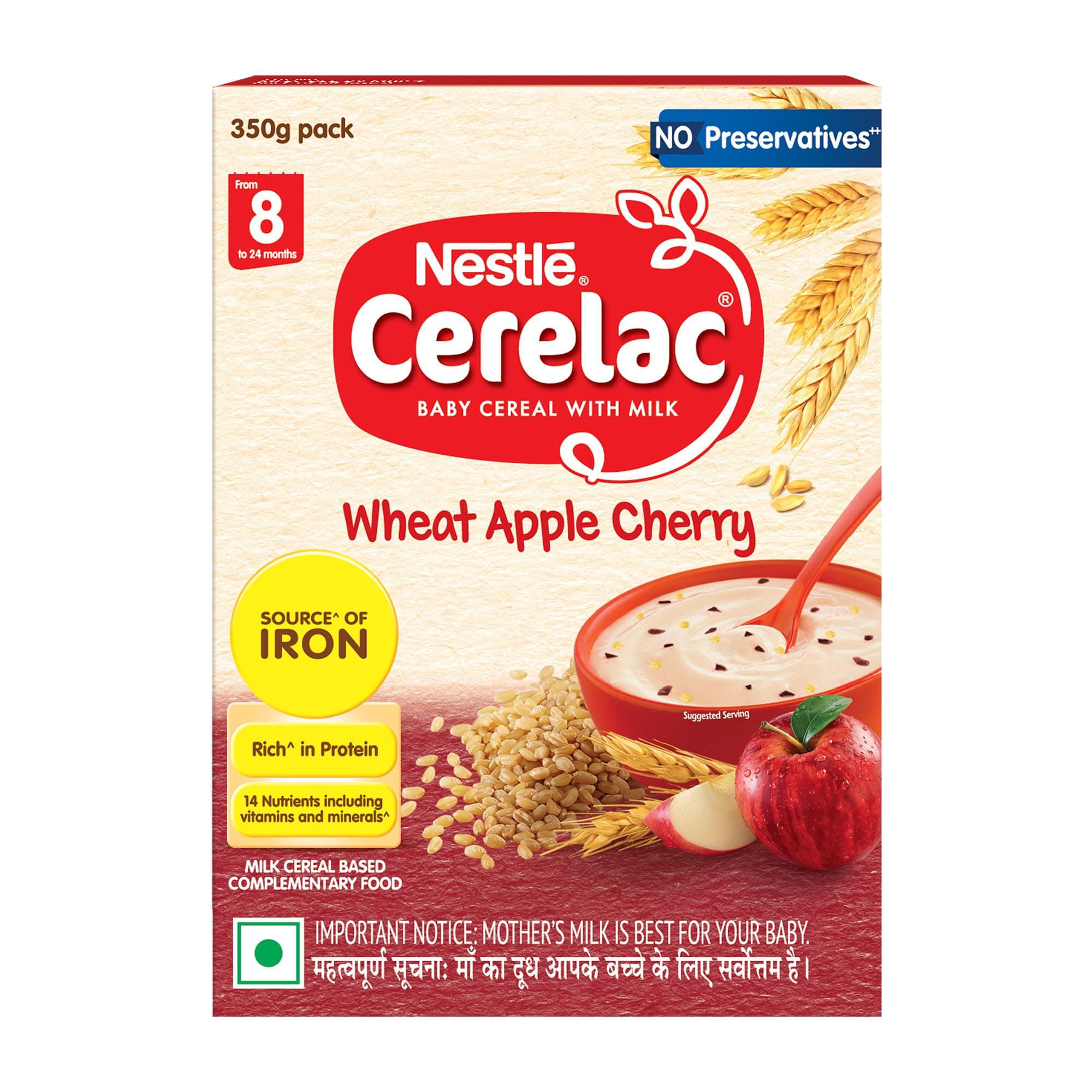 Baby Food Cereal | No Preservatives | Wheat Apple Cherry for 8 to 24 Months Baby | Source of Iron & Protein for Babies | Instant Cereal | 350g (Weight may vary upwards)