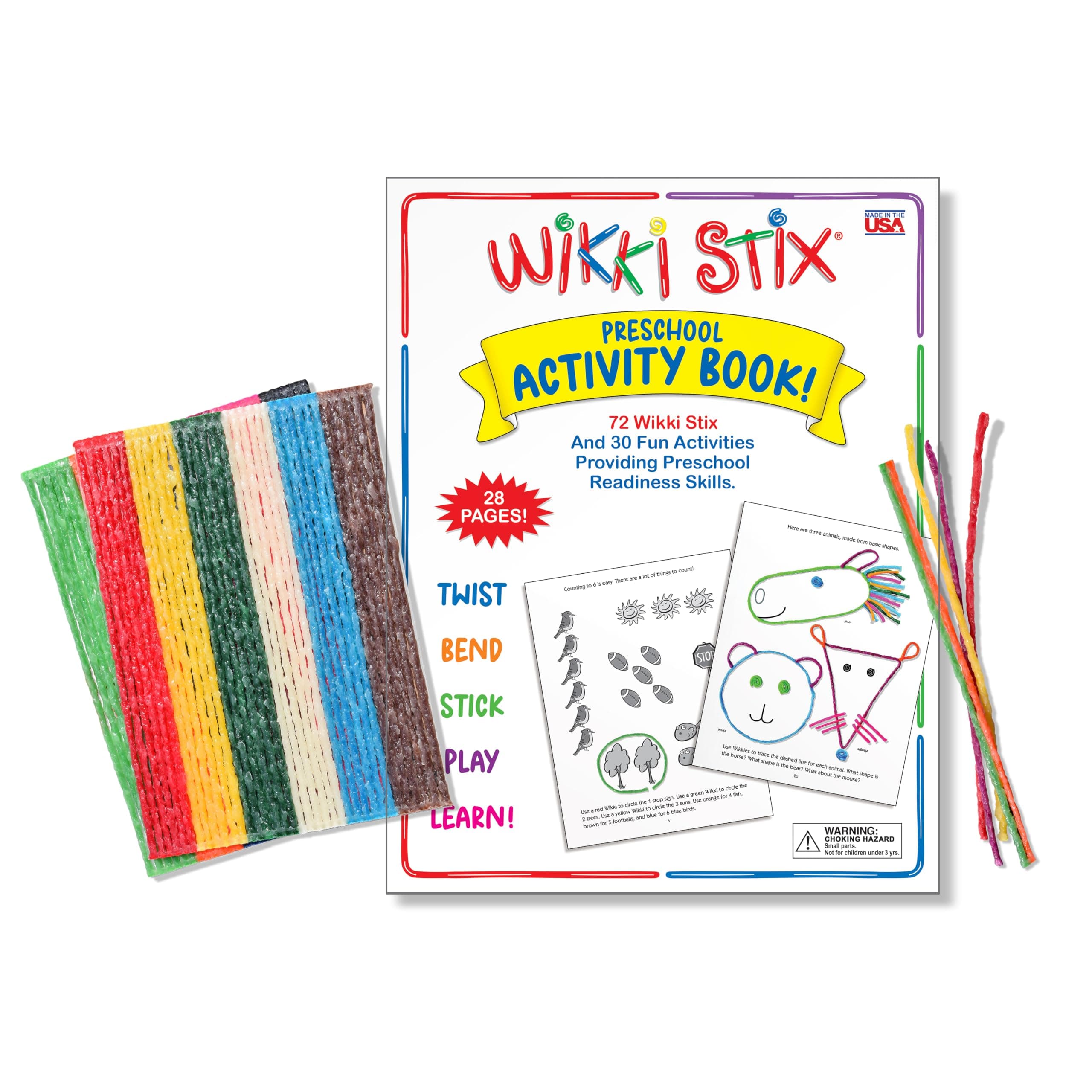 Wikki Stix Preschool Activity Book – 72 Reusable Wikki Stix with 28 Pages & 30 Activities – Educational Toy for Toddlers & Kids – Fine Motor Skills, School Readiness, Travel, Classroom, No Mess Fun