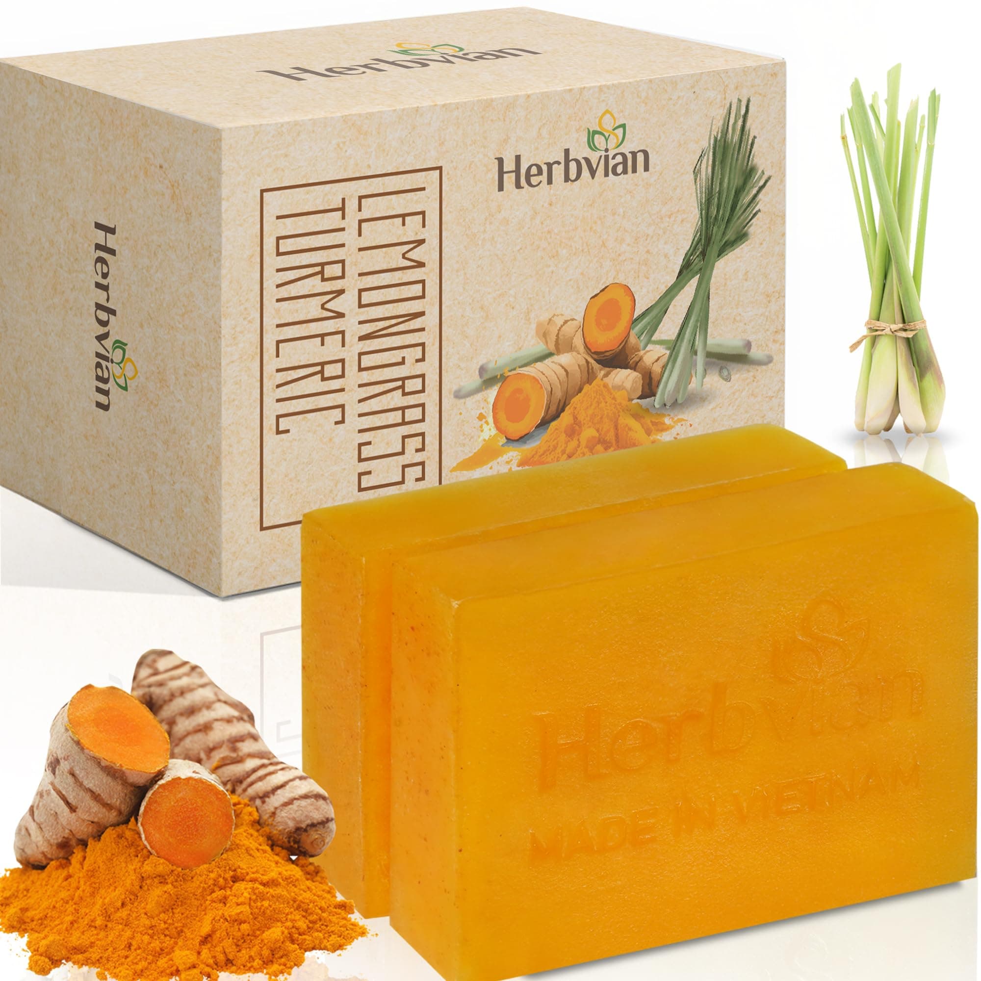 100% Natural Turmeric Soap Bar for Face and Body, Warmth Lemongrass Mosquito Repellent Soap, Vietnamese Back Acne Bath Body Soap, Anti-Acne Cleansing Healthy for All Type Skins (Pack 2)