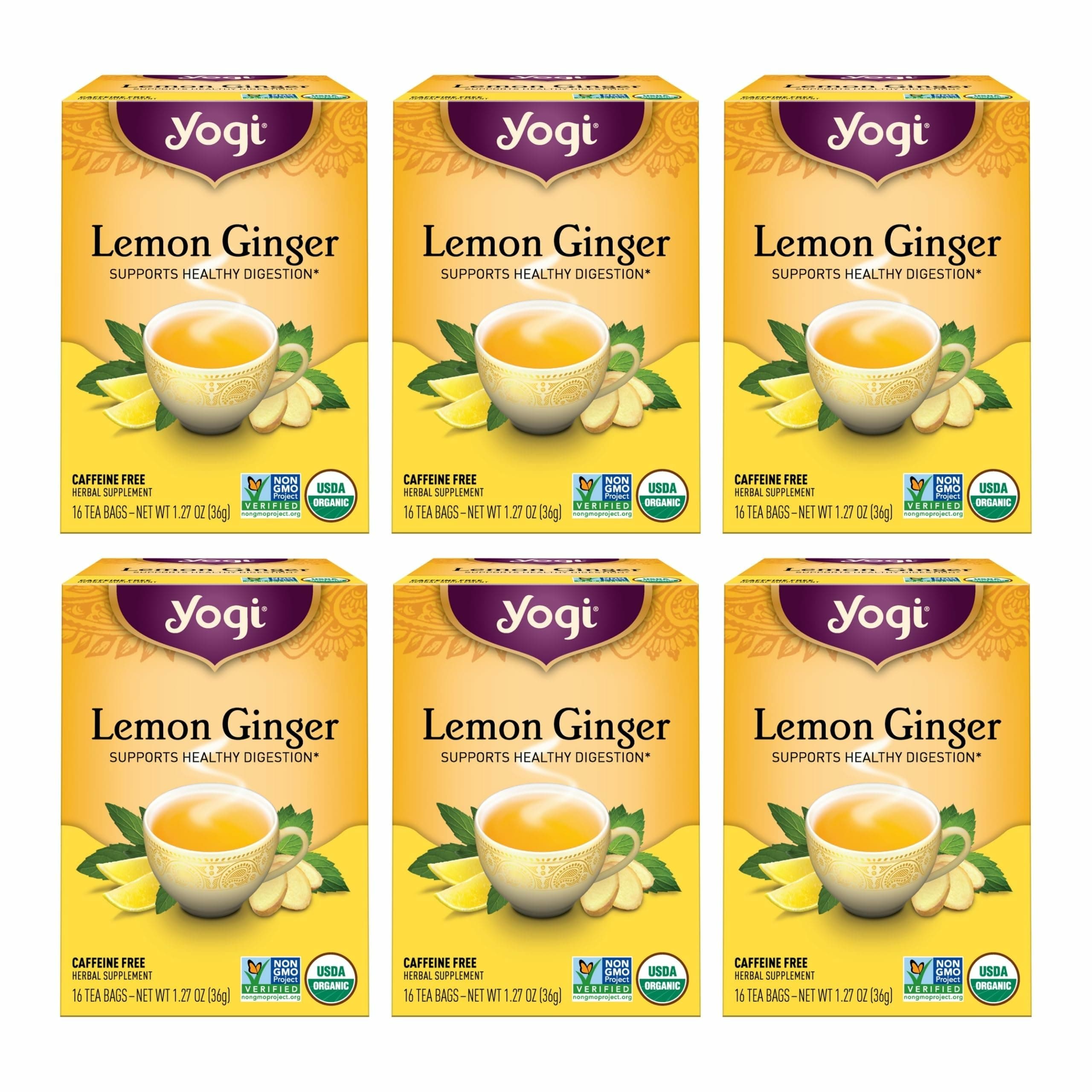 Yogi Tea Lemon Ginger Tea - 16 Bags per Pack (6 Packs) - Organic Ginger Root Tea to Support Healthy Digestion - Includes Lemongrass, Lemon Flavor, Licorice Root, Lemon Peel & More
