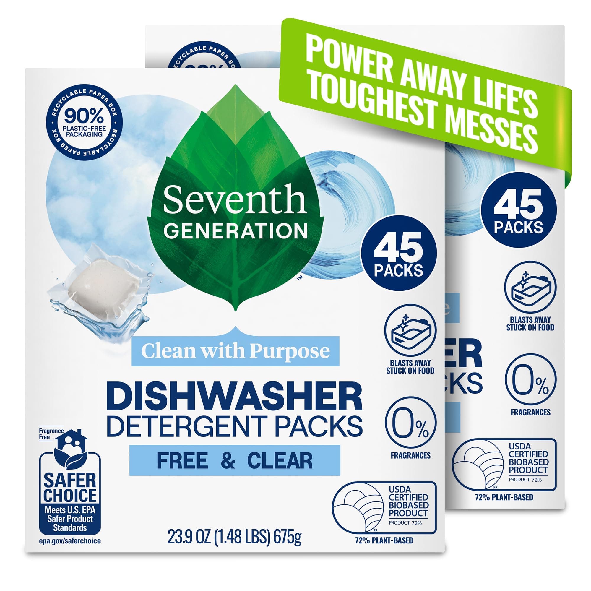 Dishwasher Detergent Packs Free & Clear Pack of 2 for sparkling dishes Dishwasher tabs 45 count
