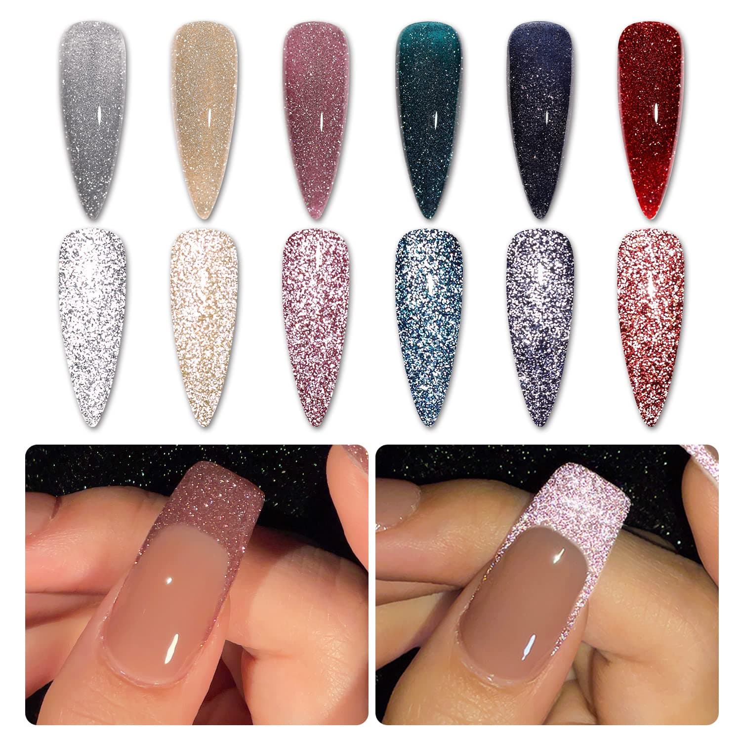 GAOY Reflective Glitter Gel Nail Polish Set, 6 Colors Including Pink Red Silver Holographic Gel Kit UV LED Soak Off Nail Polish Home DIY Manicure Salon Varnish
