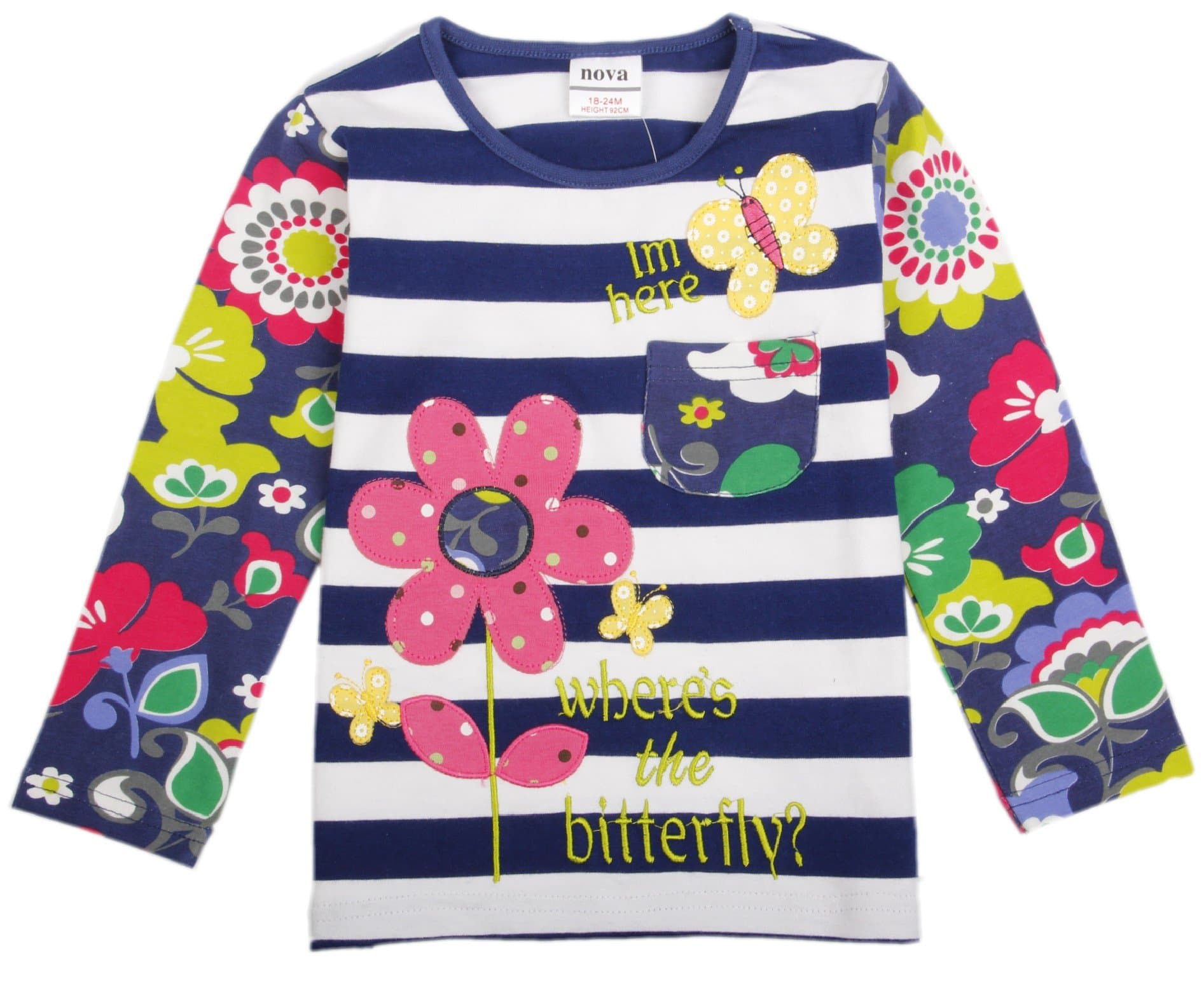 Novatx Little Gril's Striped Round Neck Long-sleeved Thermal T-shirt,3T