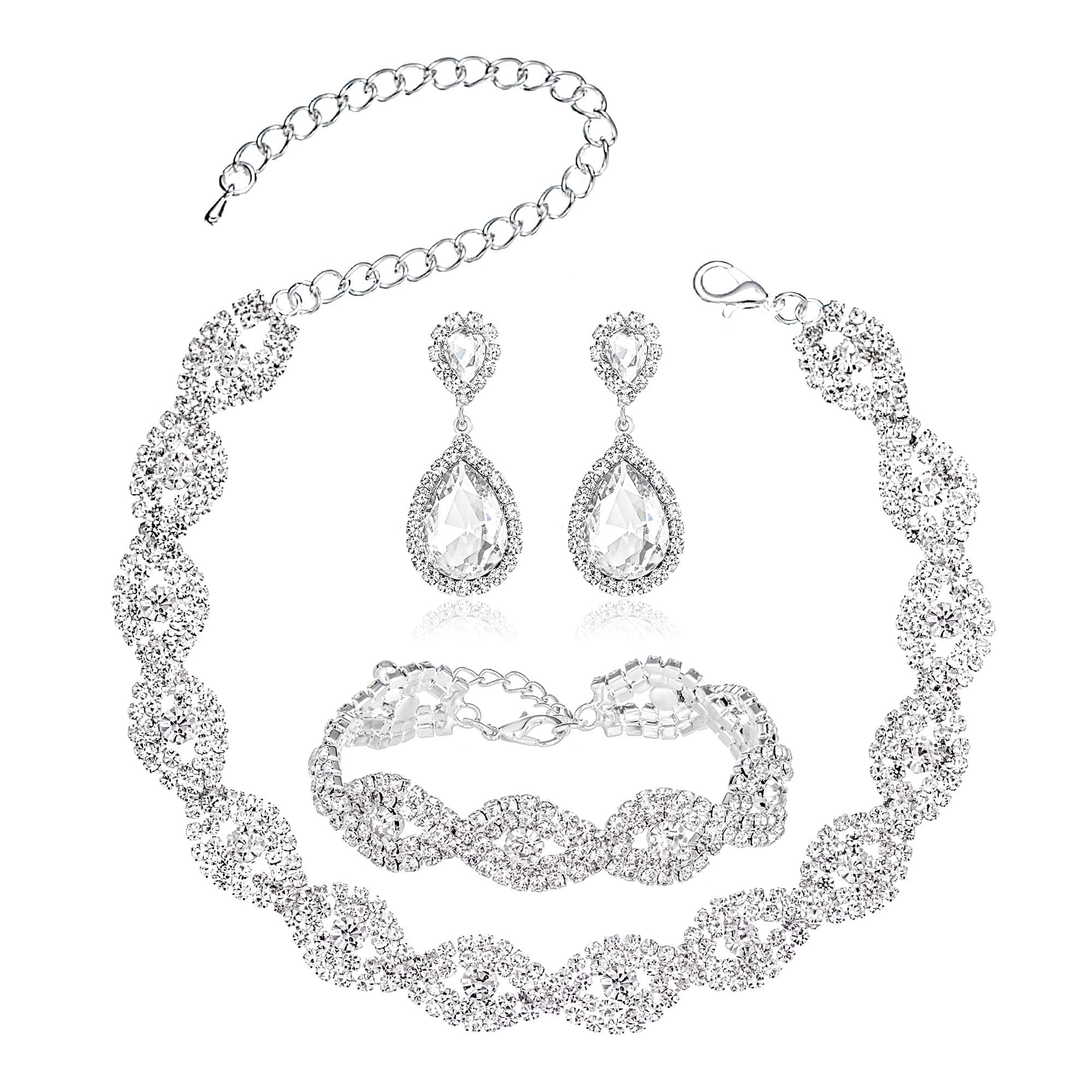 3/4 Pieces Women Jewelry Set Artificial Rhinestone Crystal Bride Statement Choker Necklace Tiara Crown Link Bangle Bracelet Teardrop Dangle Earrings Set