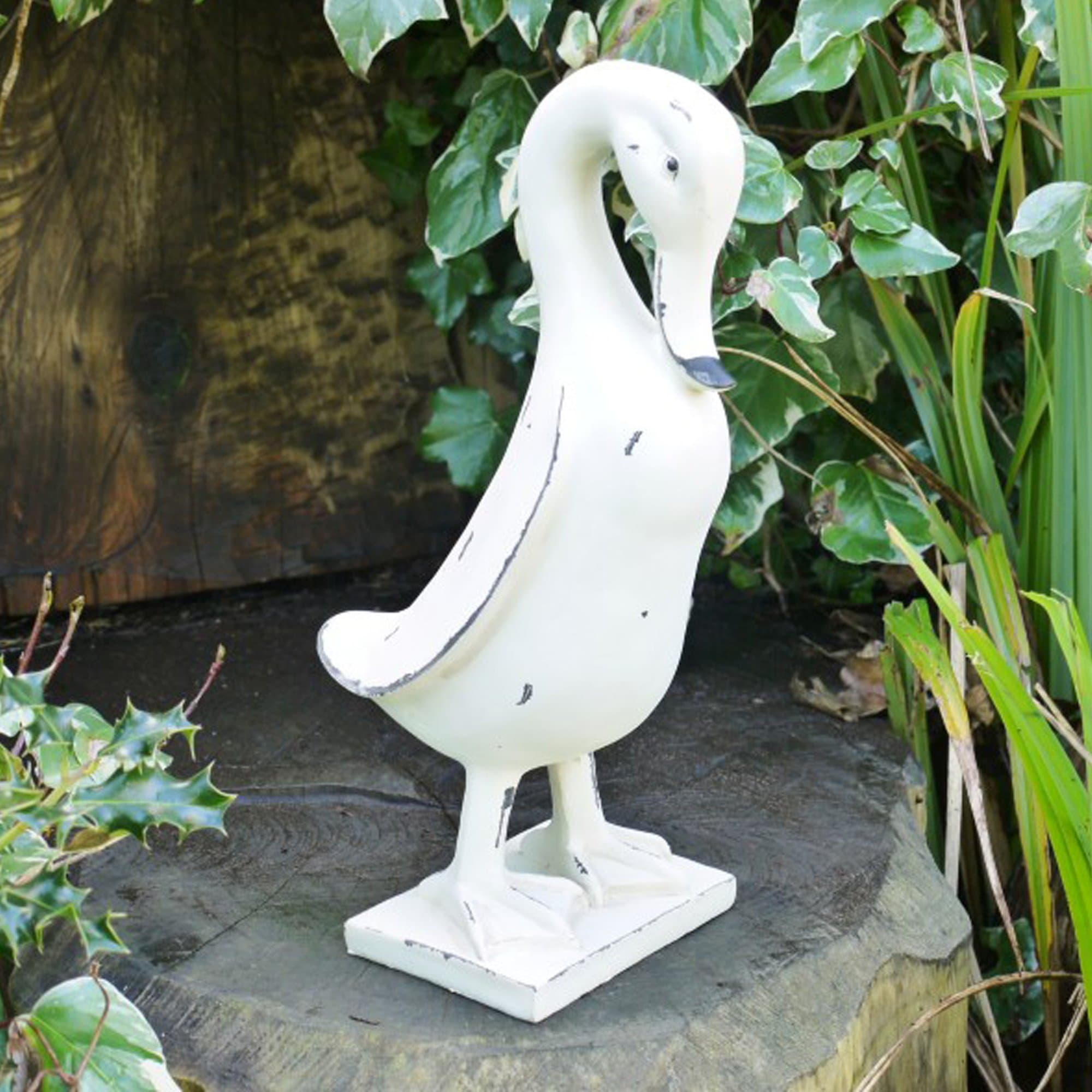 giftwarez Outdoor Garden Statue Ornament Sculpture Novelty Standing White Wooden Duck 33cm