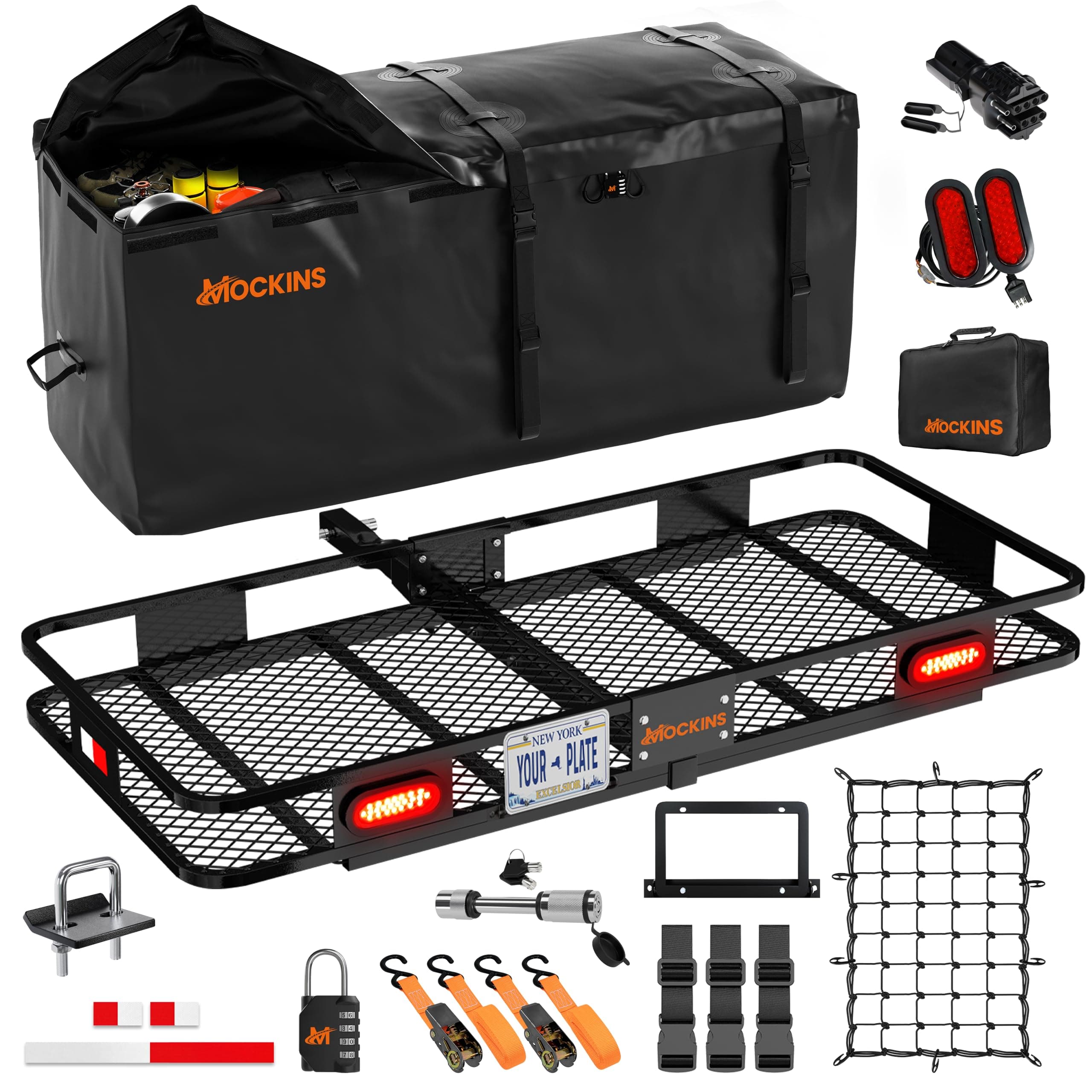 Mockins 60"x20"x6" Heavy Duty Trailer Hitch Cargo Carrier w/ 20 CuFt Waterproof Cargo Bag | 500 Lbs Cap All-Weather Folding Luggage Rack for SUV Car & Truck w/Rear Lights, License Plate Holder & More