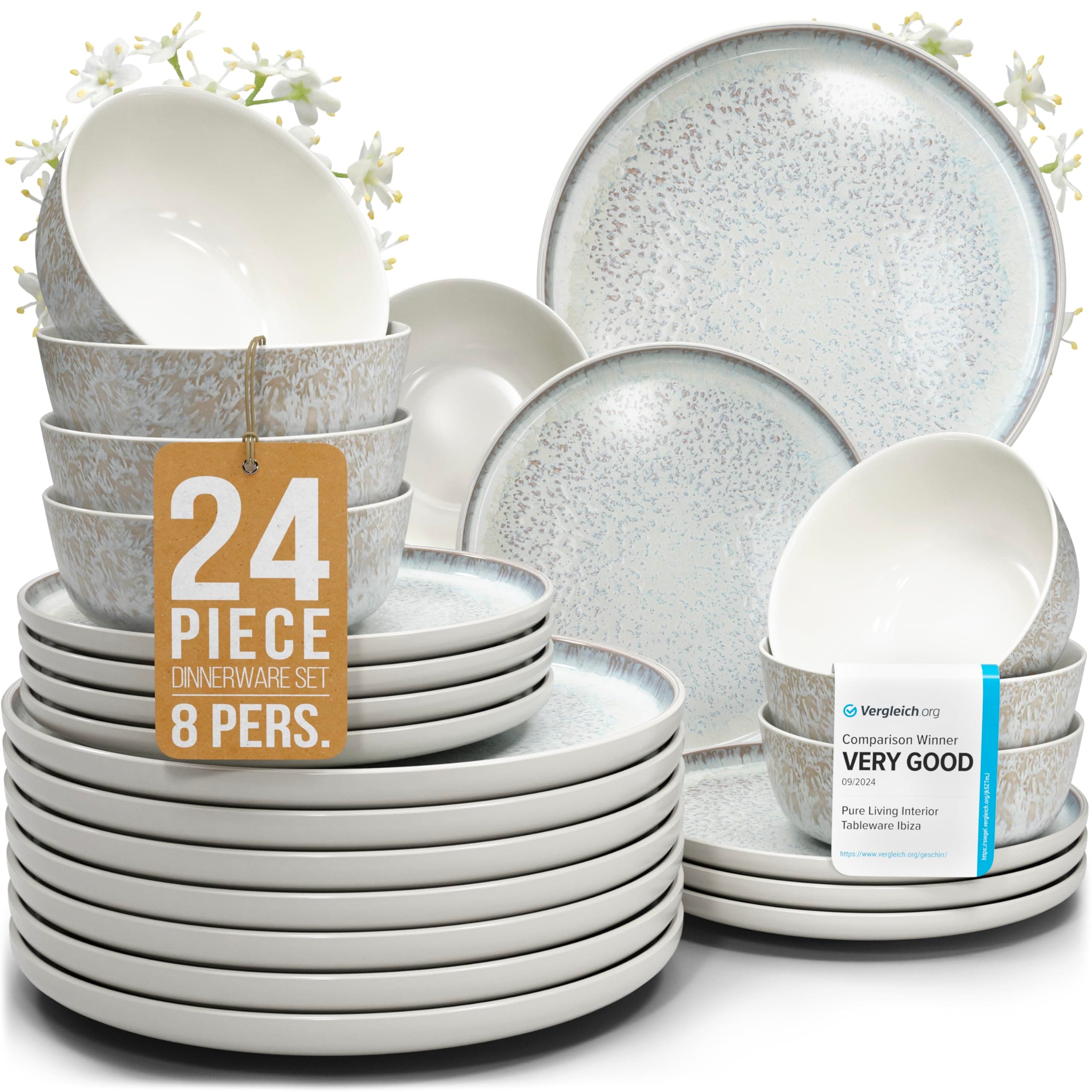 Stoneware dinnerware set 8 persons 24 pcs - Mediterranean dinnerware set, dishwasher, microwave and scratch resistant - bowl and plate set - dinnerware Pure Living Light Beige…