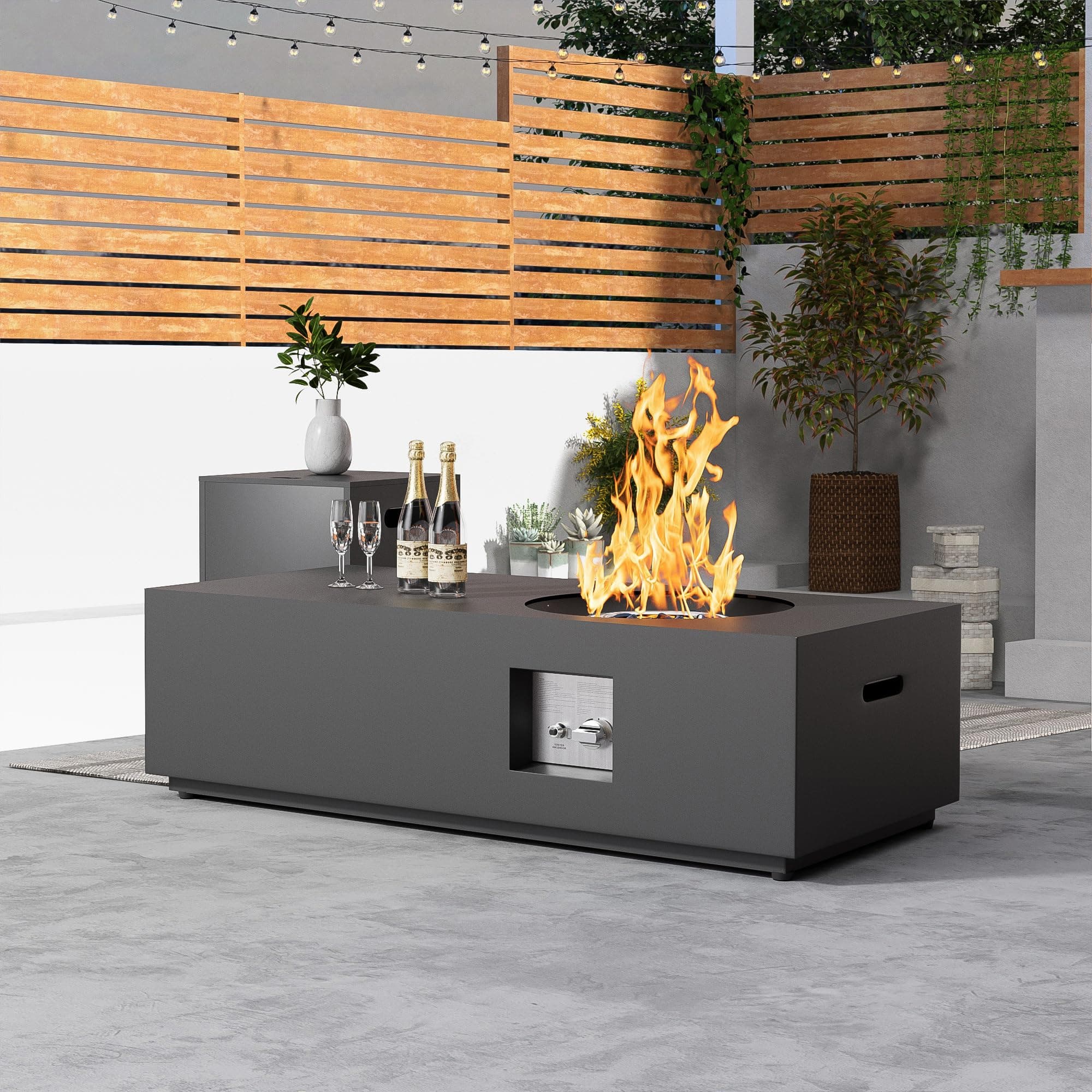 48" Rectangular Propane Firepit with Round Burner – 50,000 BTU Fire Pit Table with Lid, Rocks, Cover and Tank Storage – Outdoor Modern Fireplace for Deck or Patio (Black, 48" Standard)