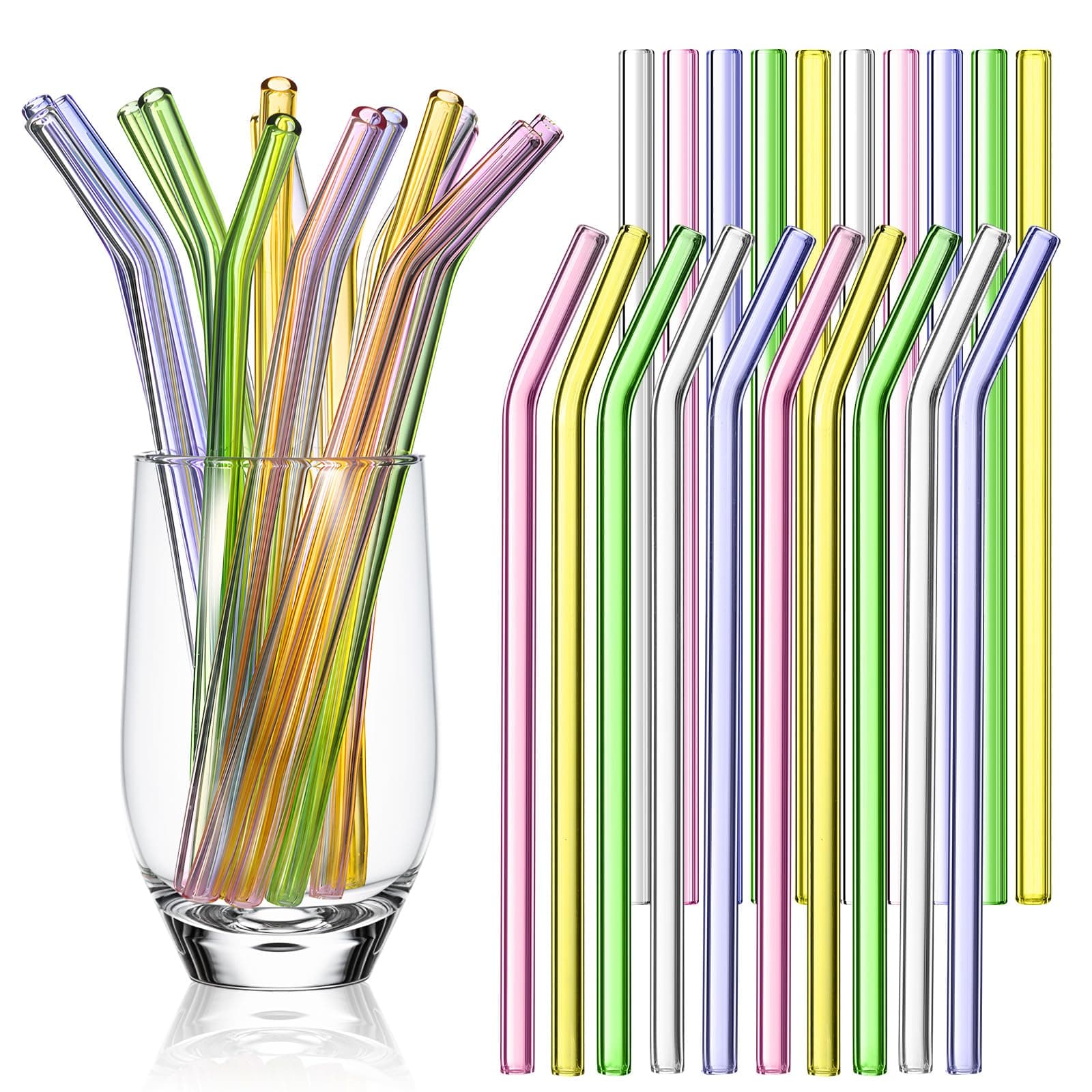 Weysat 100 Pcs Reusable Glass Straws Bulk Glass Drinking Smoothie Straw for Cup Beer Juice Cocktail Milkshakes Bar Cafes Party Supplies, Straight and Bent(8 mm x 7.9 Inch,Pastel Color)