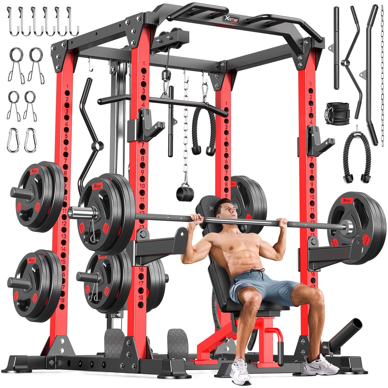 Power Cages Multi-Purpose Squat Rack with Cable Crossover System, Matching Weight Bench, Olympic Barbell Weight Set for Garage and Home Gyms
