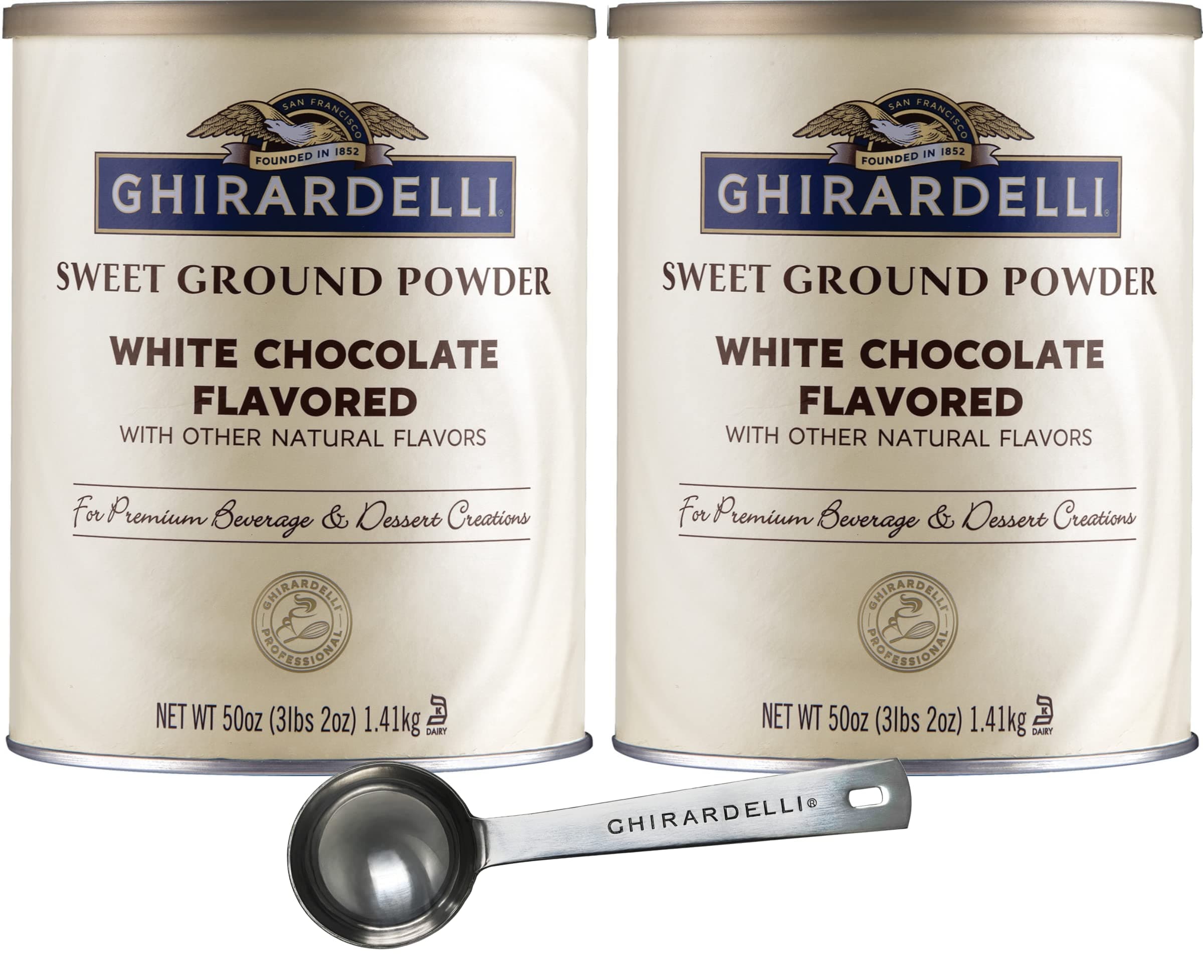 Guong Ghirardelli Sweet Ground White Chocolate Gourmet Flavored Powder 3.12 Pound (Pack of 2) with Ghirardelli Stamped Barista Spoon