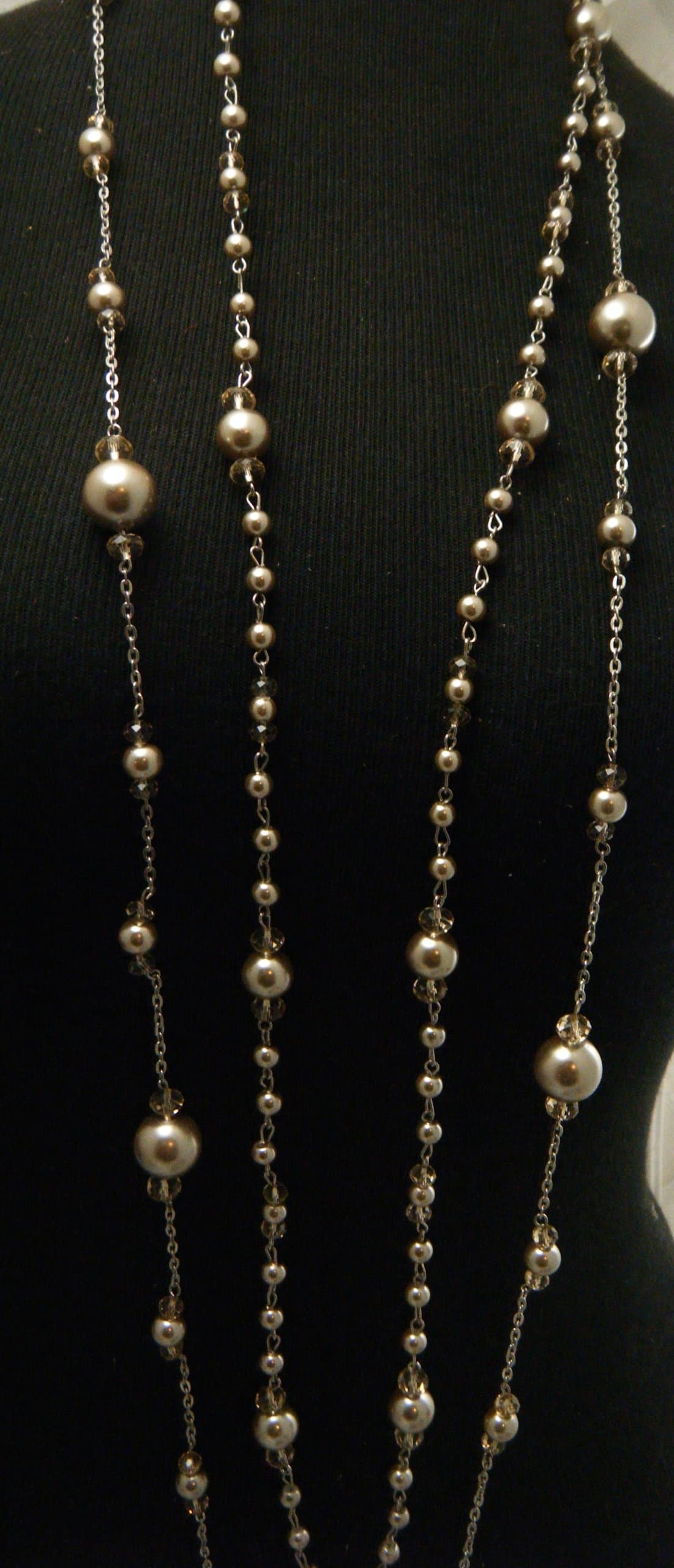 Long Double Strand Crystal and Faux Pearl Necklace in Champagne Color