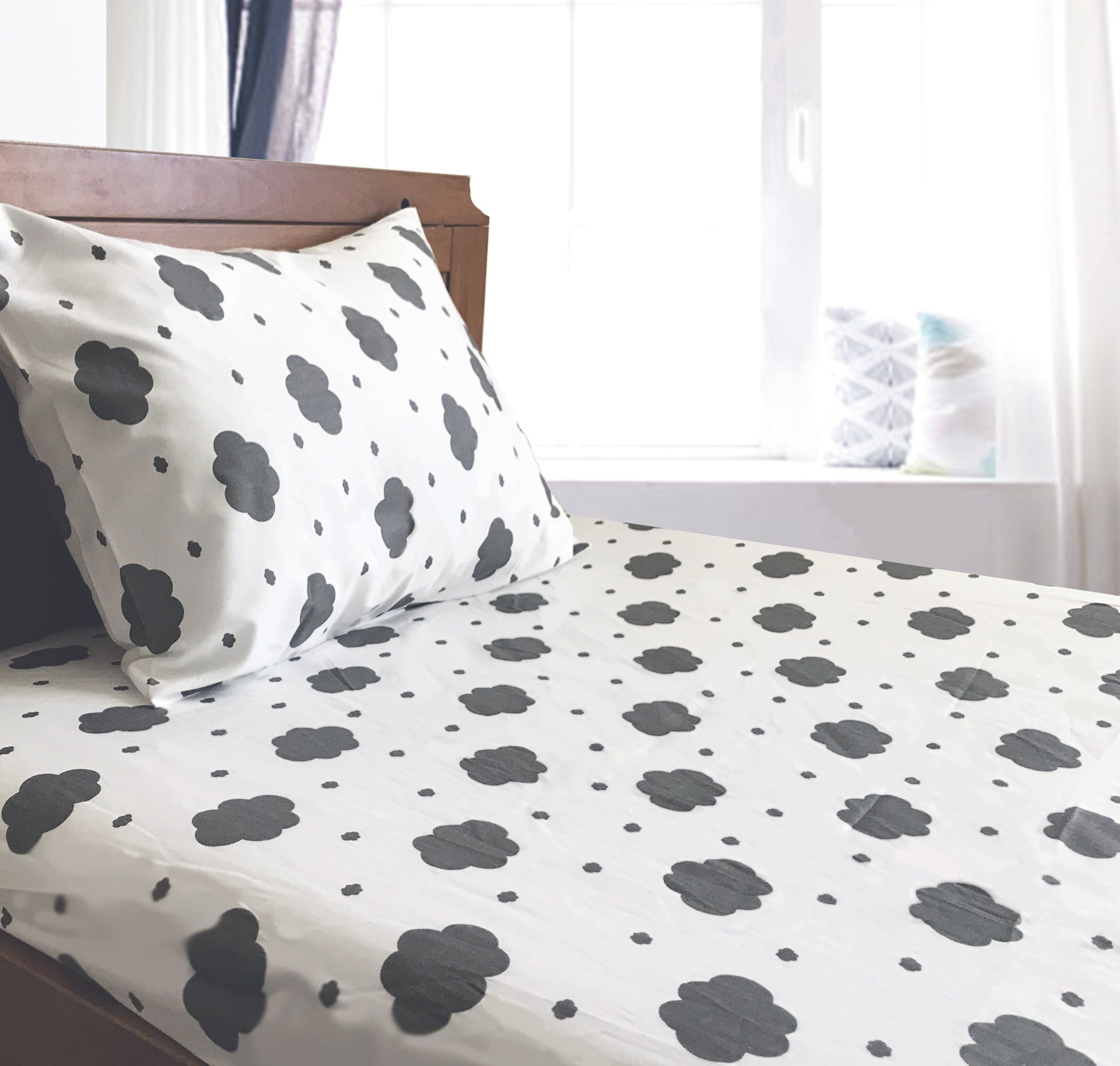 Crib/Toddler Bed Sheet and Pillowcase Set (Grey Clouds) 100% Cotton by Dreamtown Kids