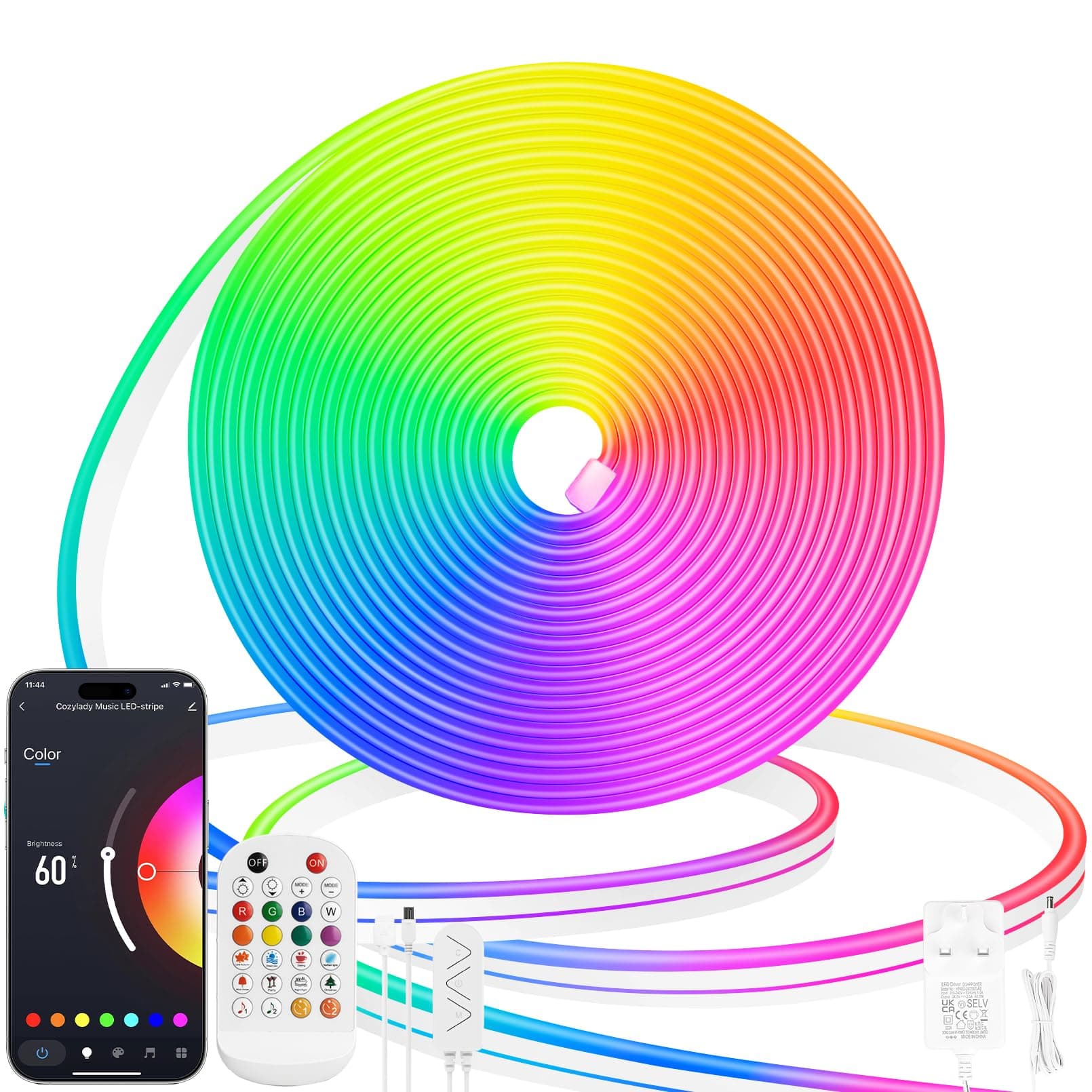 Lamomo Flexible 5M RGB Rope Neon Lights, 12V Waterproof App/Remote Control, Colour Changing Music Sync RGB Lights for Bedroom, Gaming, Indoor & Outdoor Decor [Energy Class D]
