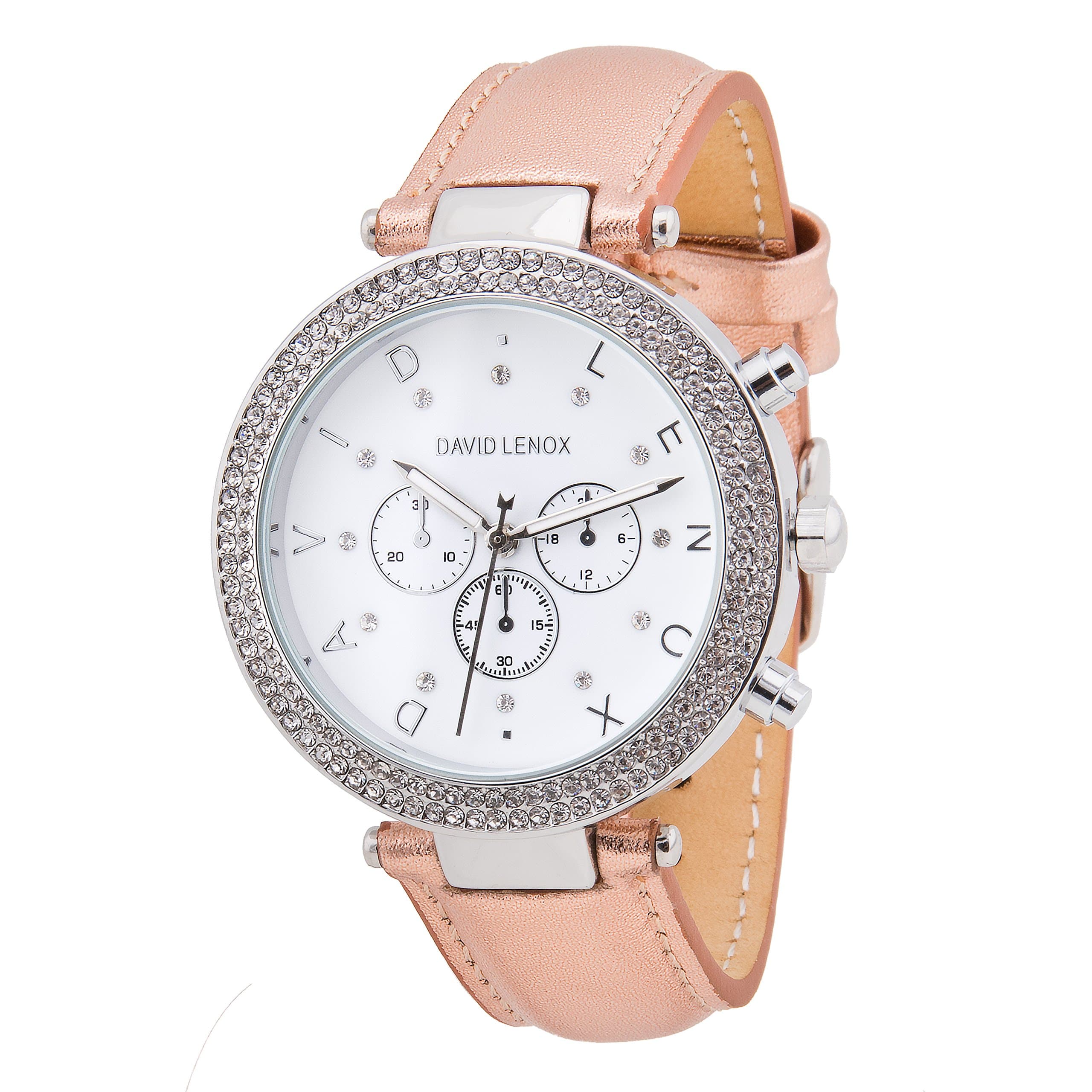 David Lenox silver tone women's watch with rose gold leather strap style DL0237