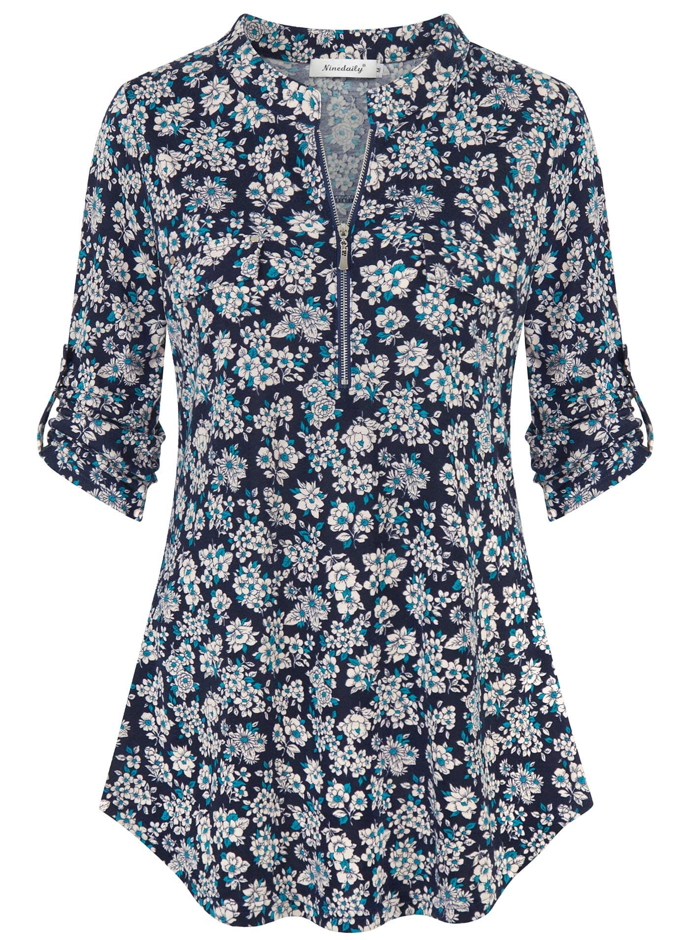 NinedailyWomen's 3/4 Sleeve Plaid Shirts Zip Floral Casual Tunic Blouse Tops