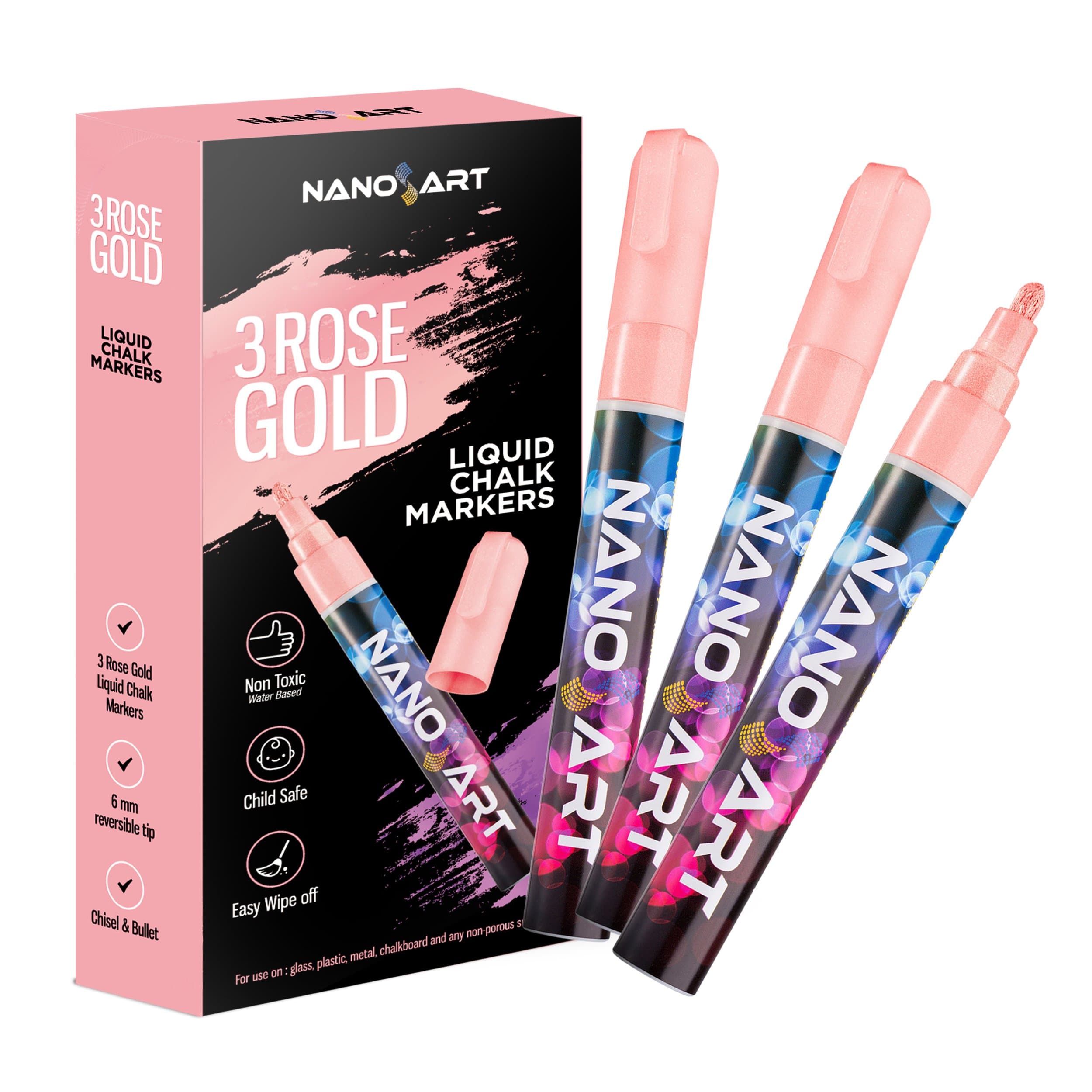 Rose Gold Premium Pack Of 3 Liquid Chalk Markers 6mm Reversible Tip Pens - Exclusive Rose Gold Metallic Color - Child Safe (Non Toxic), Dry Erase, Odorless,Vibrant Water Based Ink