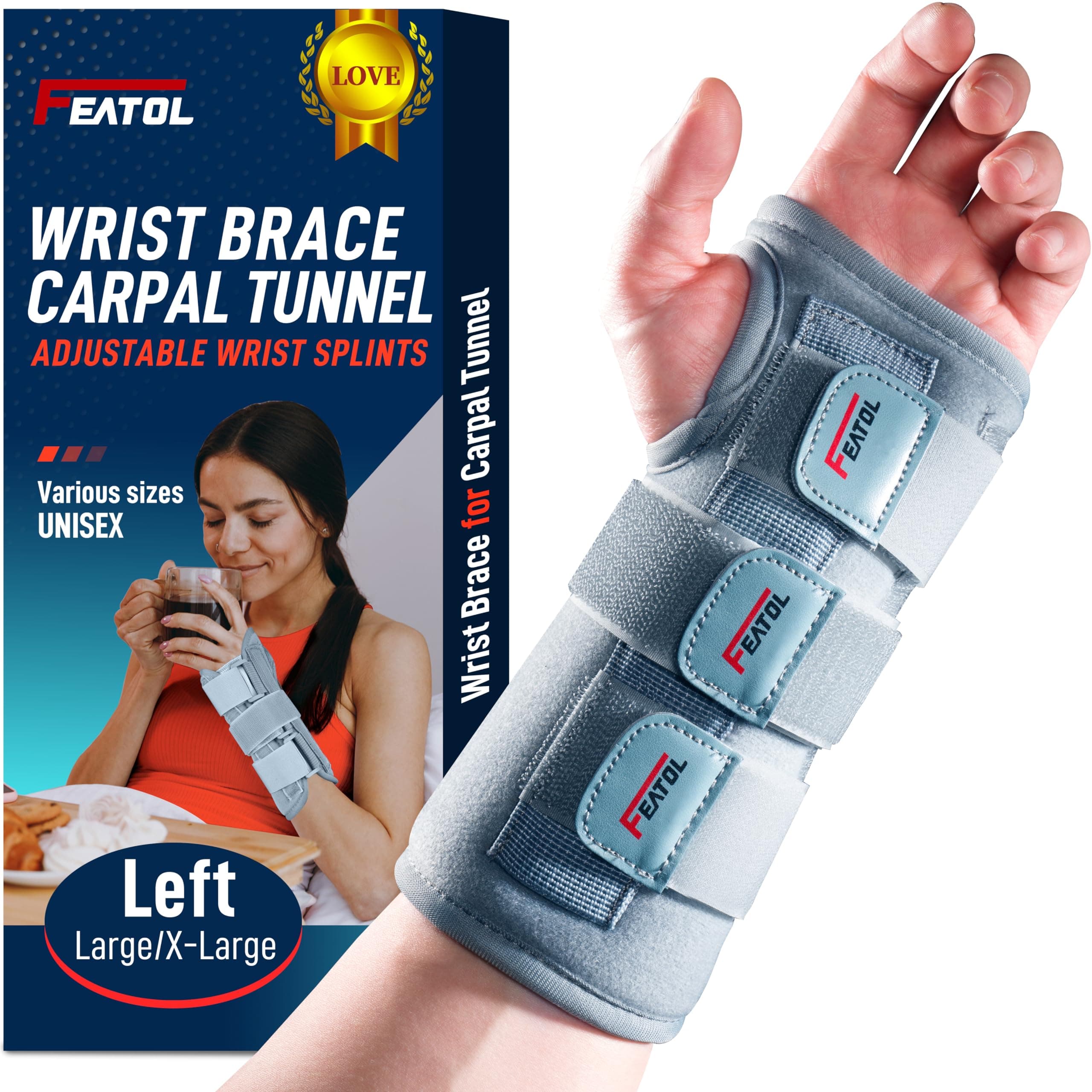 FEATOL Wrist Brace Carpal Tunnel for Women Men, Adjustable Night Sleep Support Brace with Splints Left Hand, Small/Medium