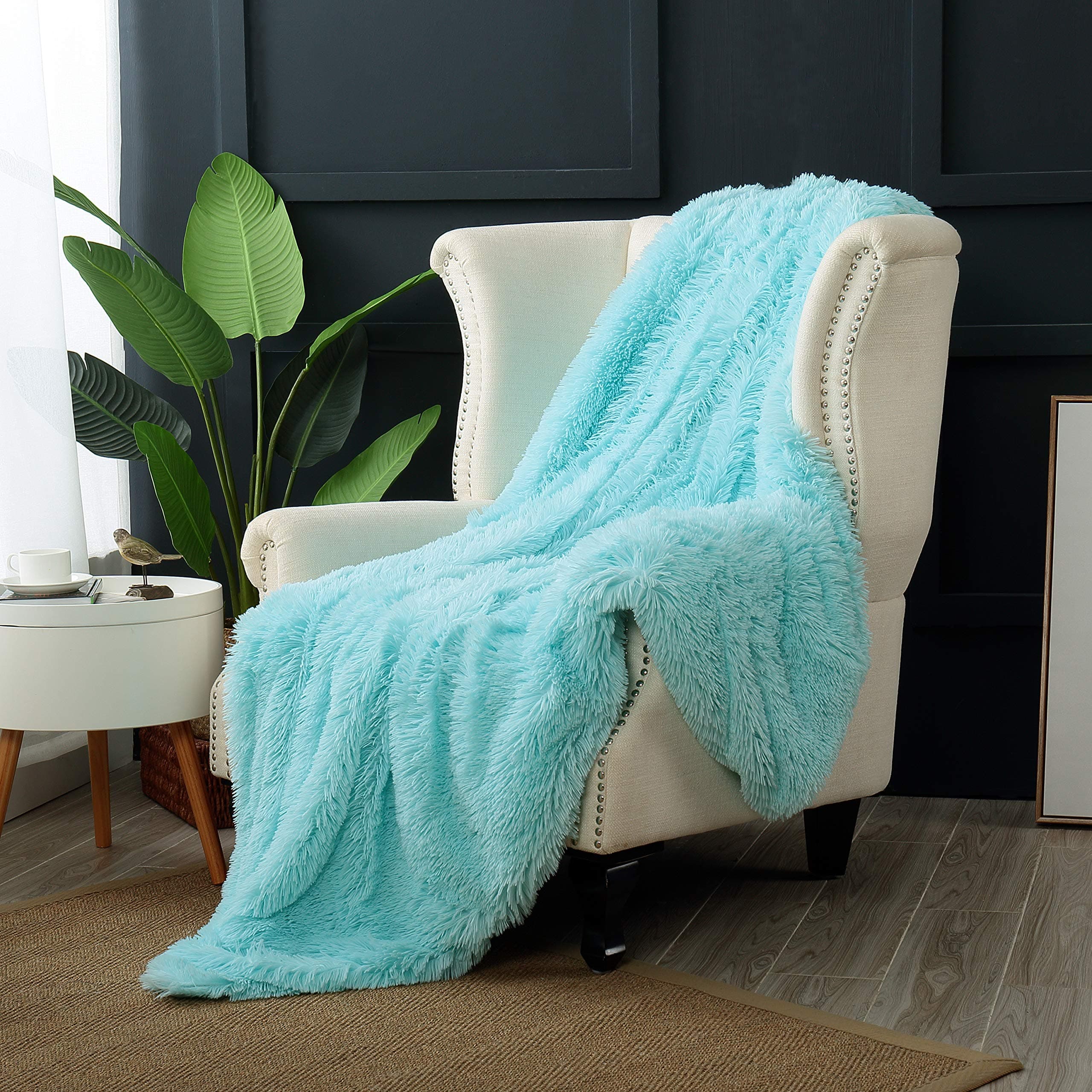ReafortLuxury Long Hair Shaggy PV Fur Faux Fur Oversized Throw Blanket (60"X70" Throw, Aqua)