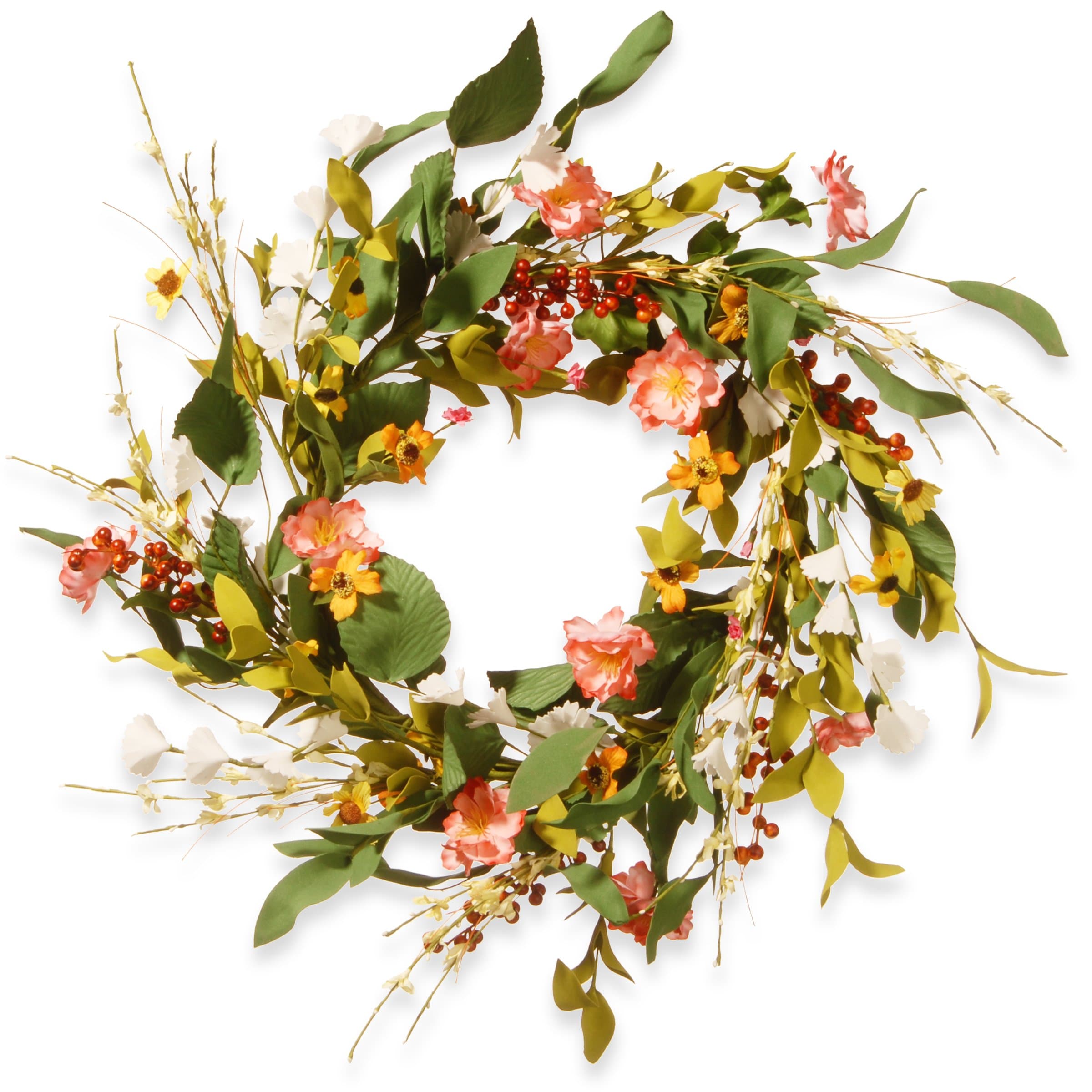 National Tree Company Spring Wreath 22 Inch Branch Flower Wreath with Red Berries and Multi Color Flowers for Front Door or Home Decoration