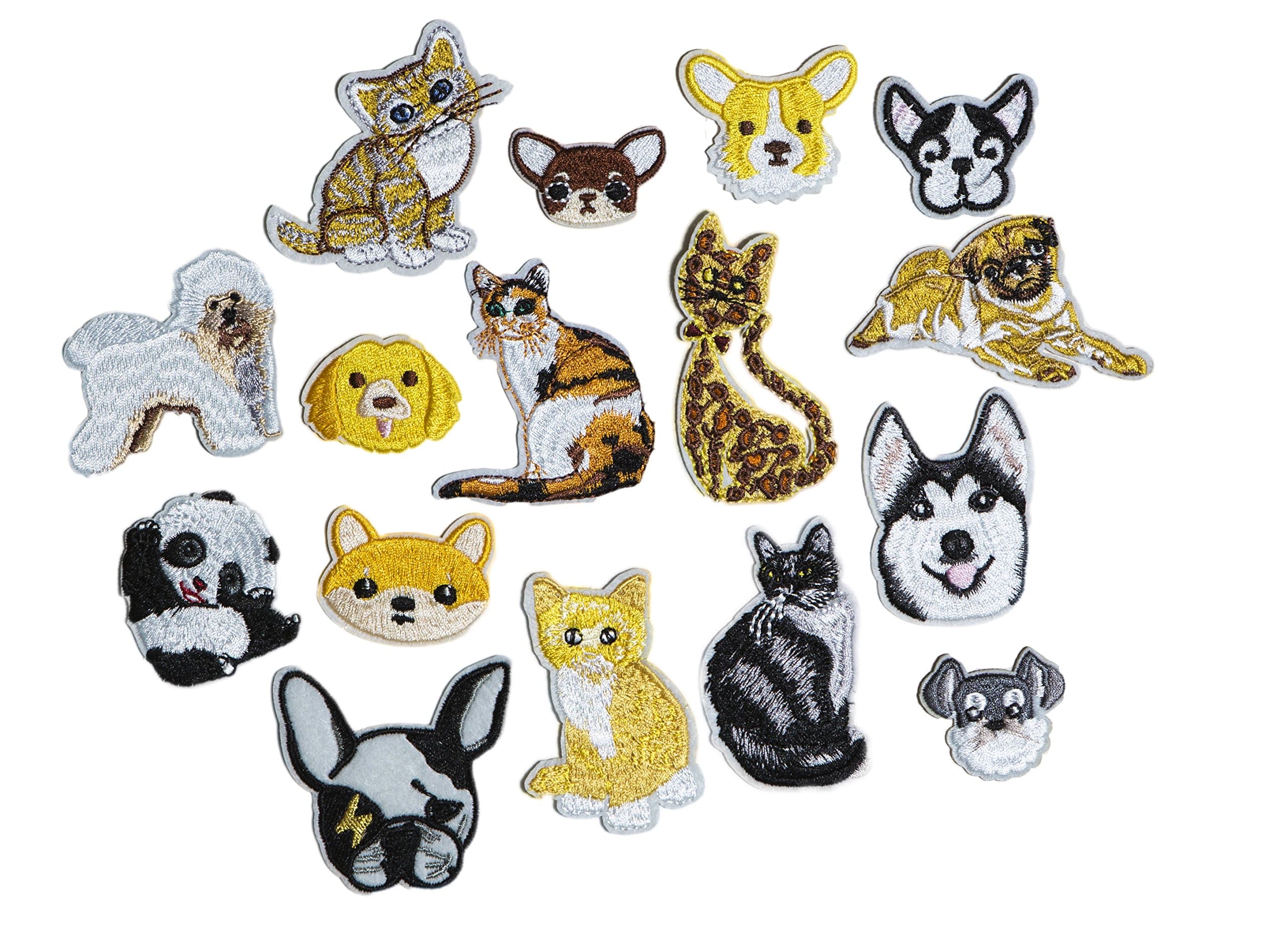Set of 16 Assorted Embroidery Applique Decoration DIY Patch Animal Panda Dog Cat Fun Design Face Kit Iron On Shirt Jacket Bag Hat Pant Vest Jean Clothe Kid Birthday Gift