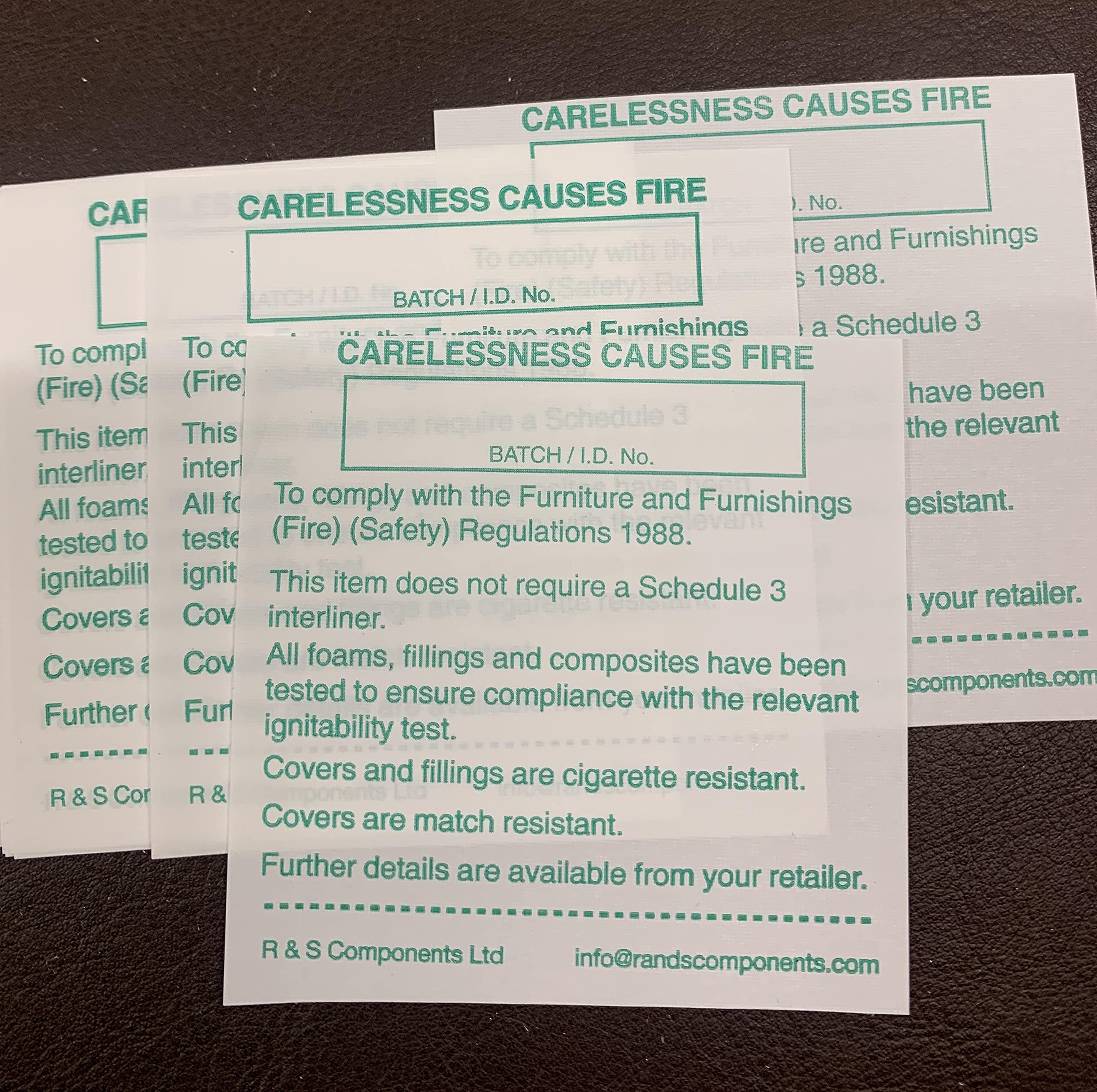 Pack of 10 Upholstery/Furniture Sew On Fire Labels