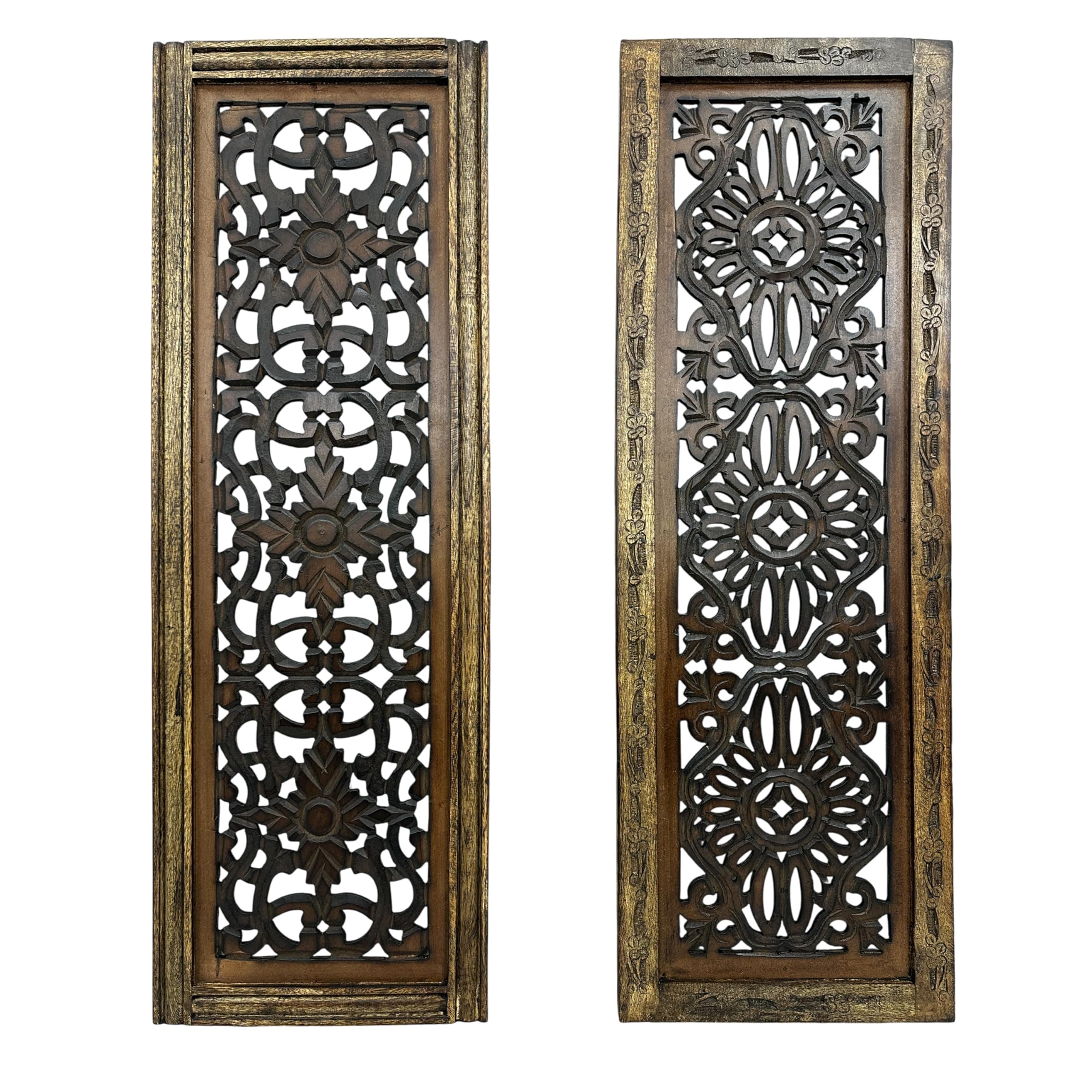 Floral Hand Carved Wooden Wall Panels, Assortment of Two, Rustic Brown
