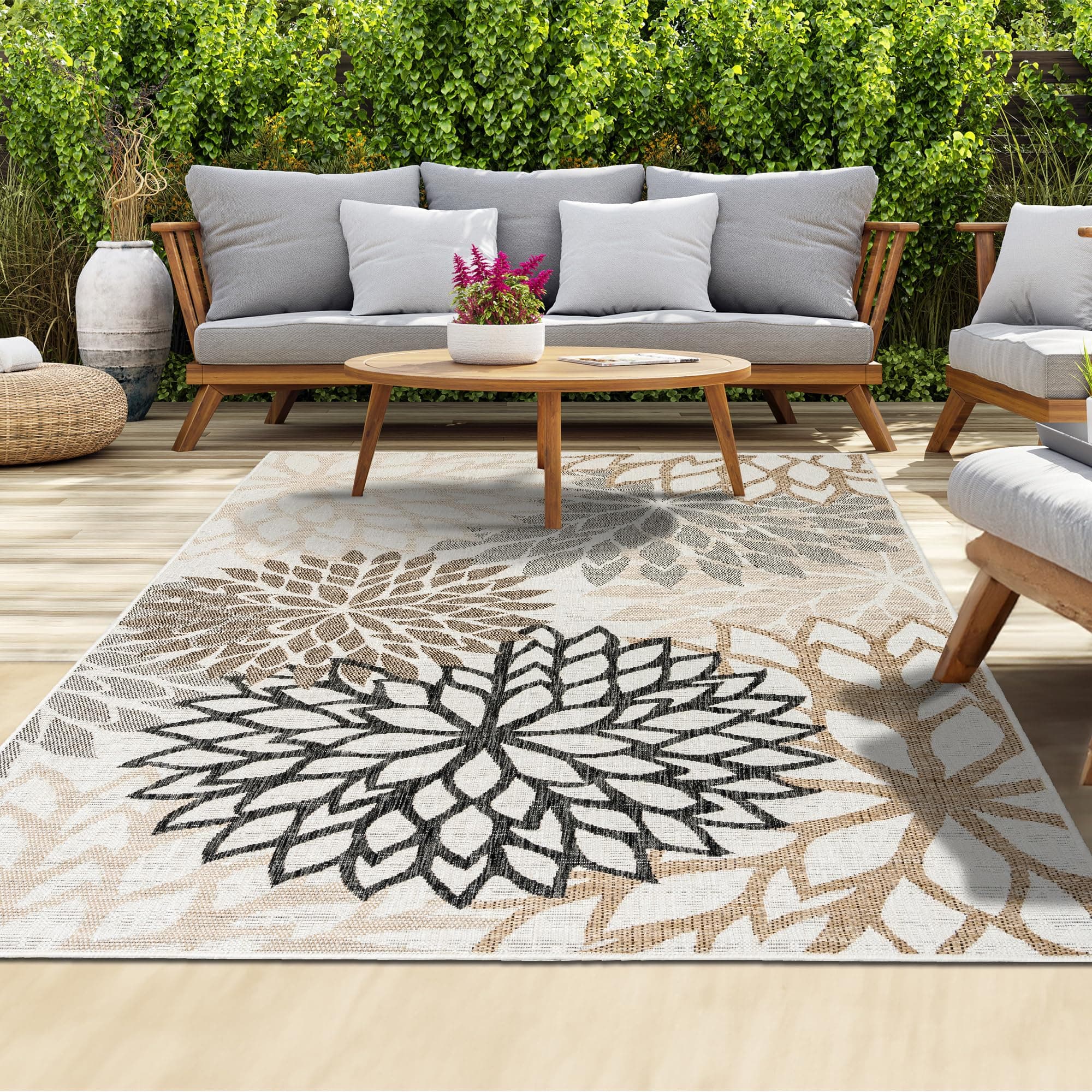 homeart Outdoor Rug - Easy-Clean, Durable, Stain-Resistant, Weather & UV Resistant Indoor & Outdoor Rugs for Porch, Deck, Balcony, Garden, Picnic and Patio | Bellis Black, Beige - 160x230cm