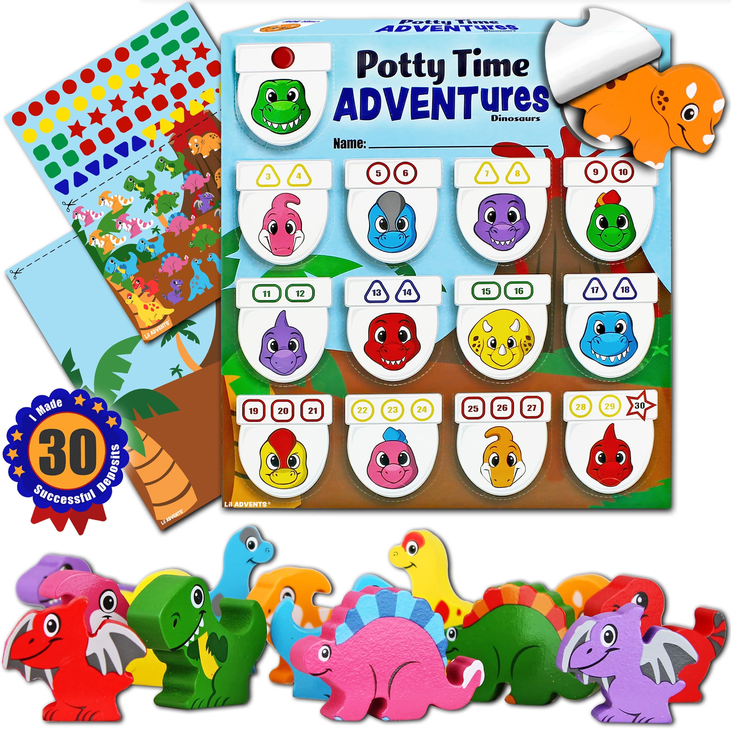 LIL ADVENTSPotty Time Adventures - Dinosaurs with 14 Wooden Block Toy Prizes|Potty Training Advent Game|As Seen on Shark Tank|Wood Block Toys, Reward Chart, Activity Board and Stickers