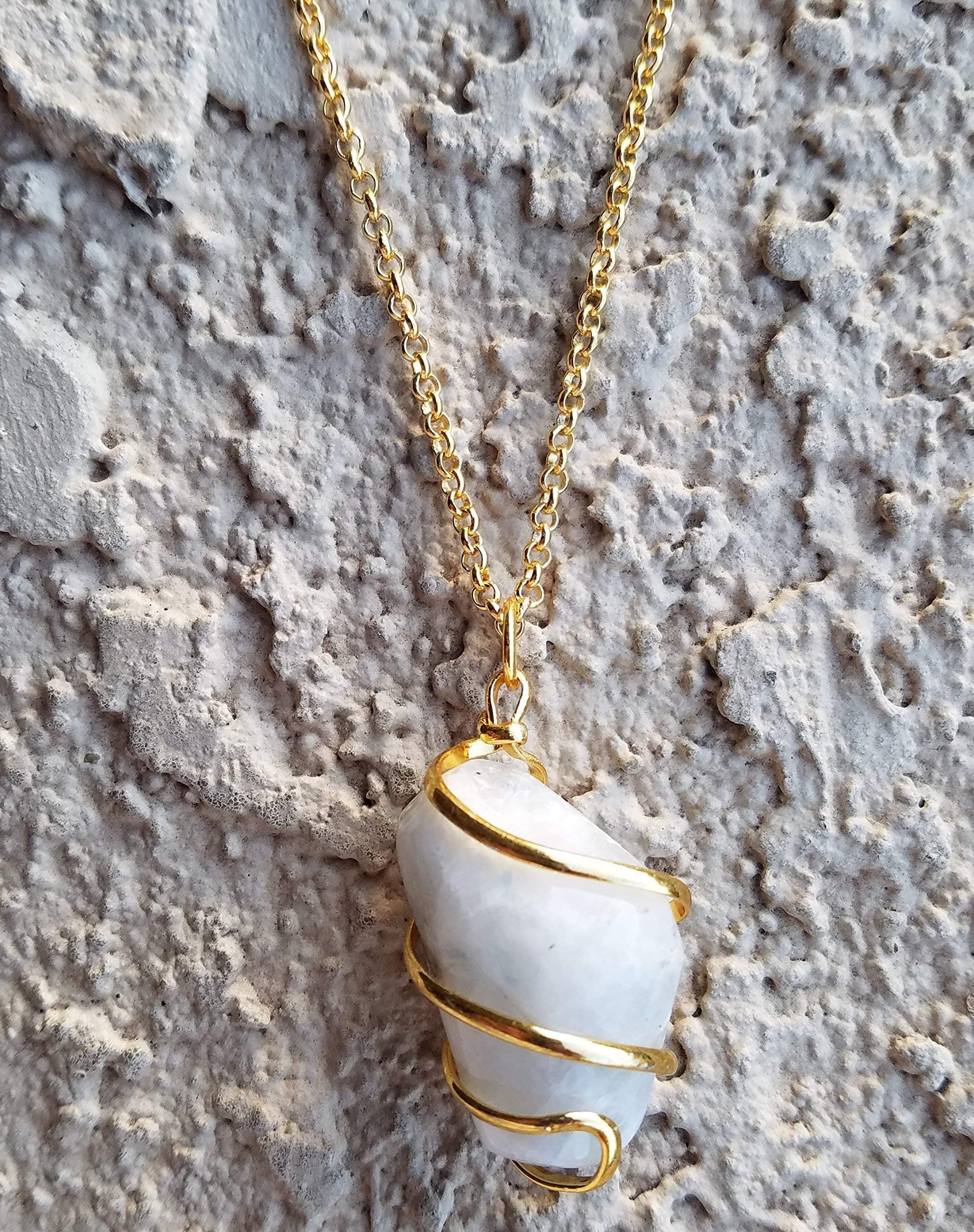 Natural Moonstone Gold Crystal Pendant Necklace 22 inches Unisex