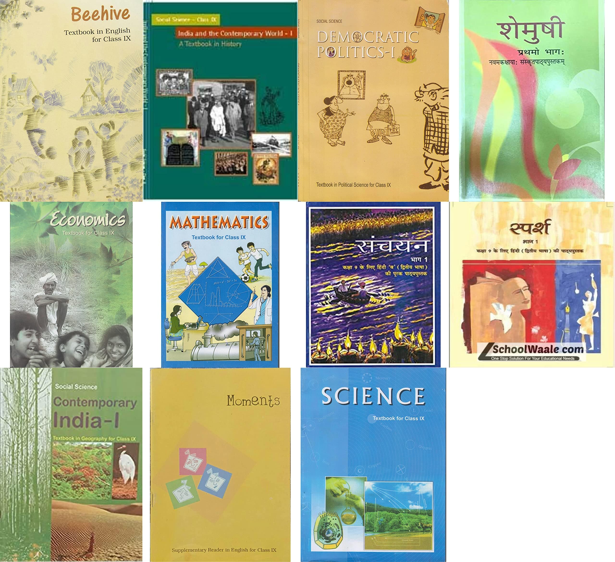 NCERT , CLASS - 9 SET OF 11 BOOKS ( MATHEMATICS , SCIENCE , HISTORY , GEOGRAPHY , POLITICAL , ECONOMICS , SPARSH , SANCHAYAN , BEEHIVE , MOMENT , SHEMUSHI ) 2022 EDITION