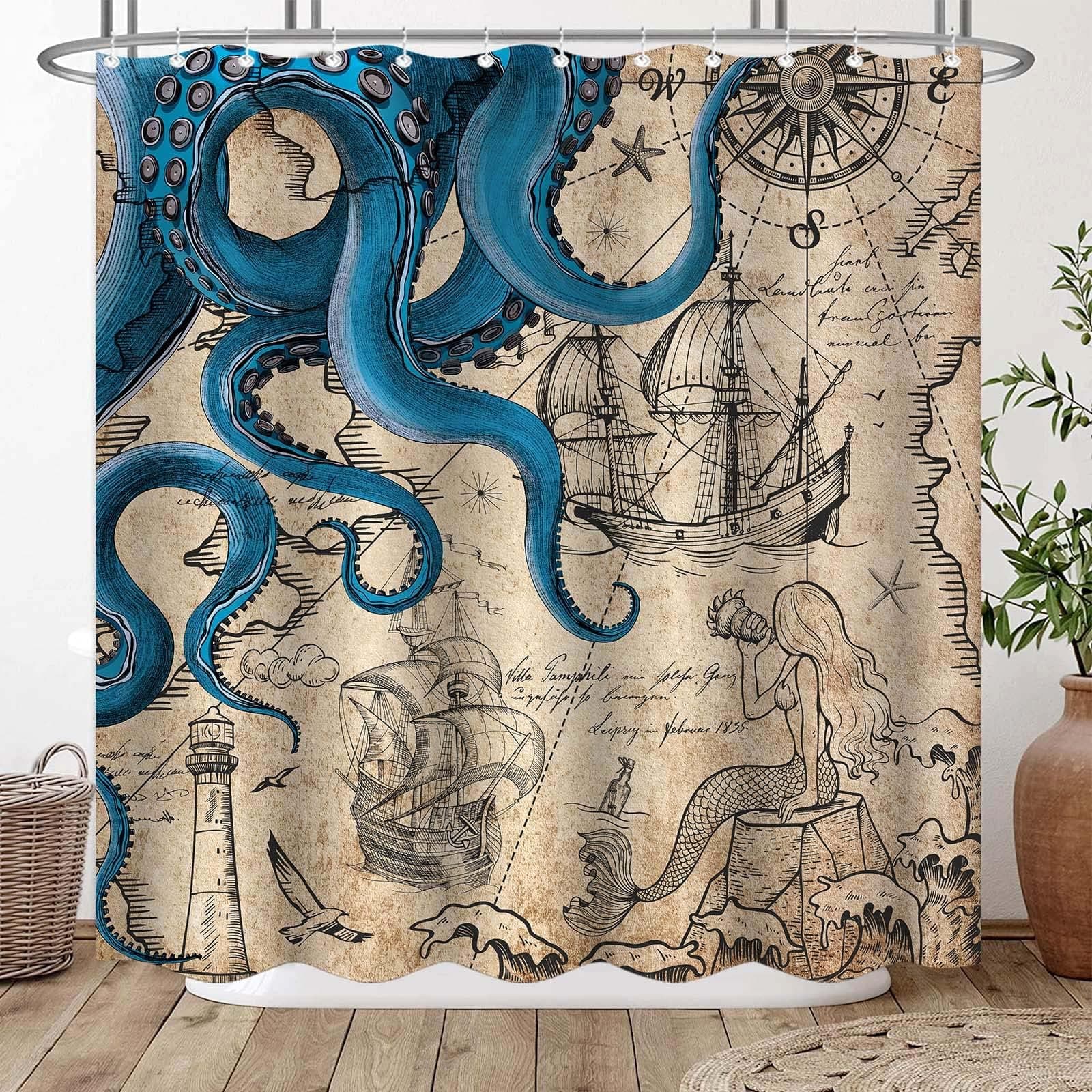 Fungarth Vintage Nautical Octopus Shower Curtain Navy Blue Mermaid Funny Ocean Kraken Shower Curtains for Bathroom Anchor Coastal Map Waterproof Fabric Bath Curtain Decor with Hooks (Retro, 72” x 72”)