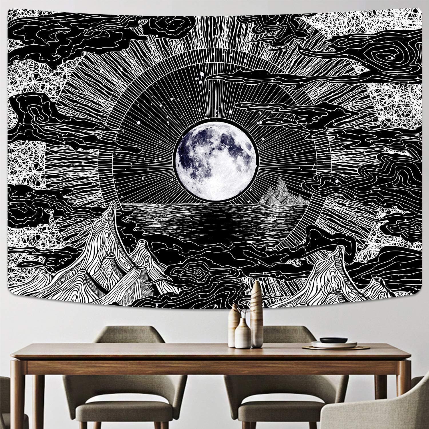 Moon Tapestry Wall Hanging Clouds Stars Tapestries Black and White Tapestry Thicker Psychedelic Mountain Tapestry Wall Art for Living Room Bedroom Dorm Wall Decor Vsco Room Decor(59.1''x78.7'')