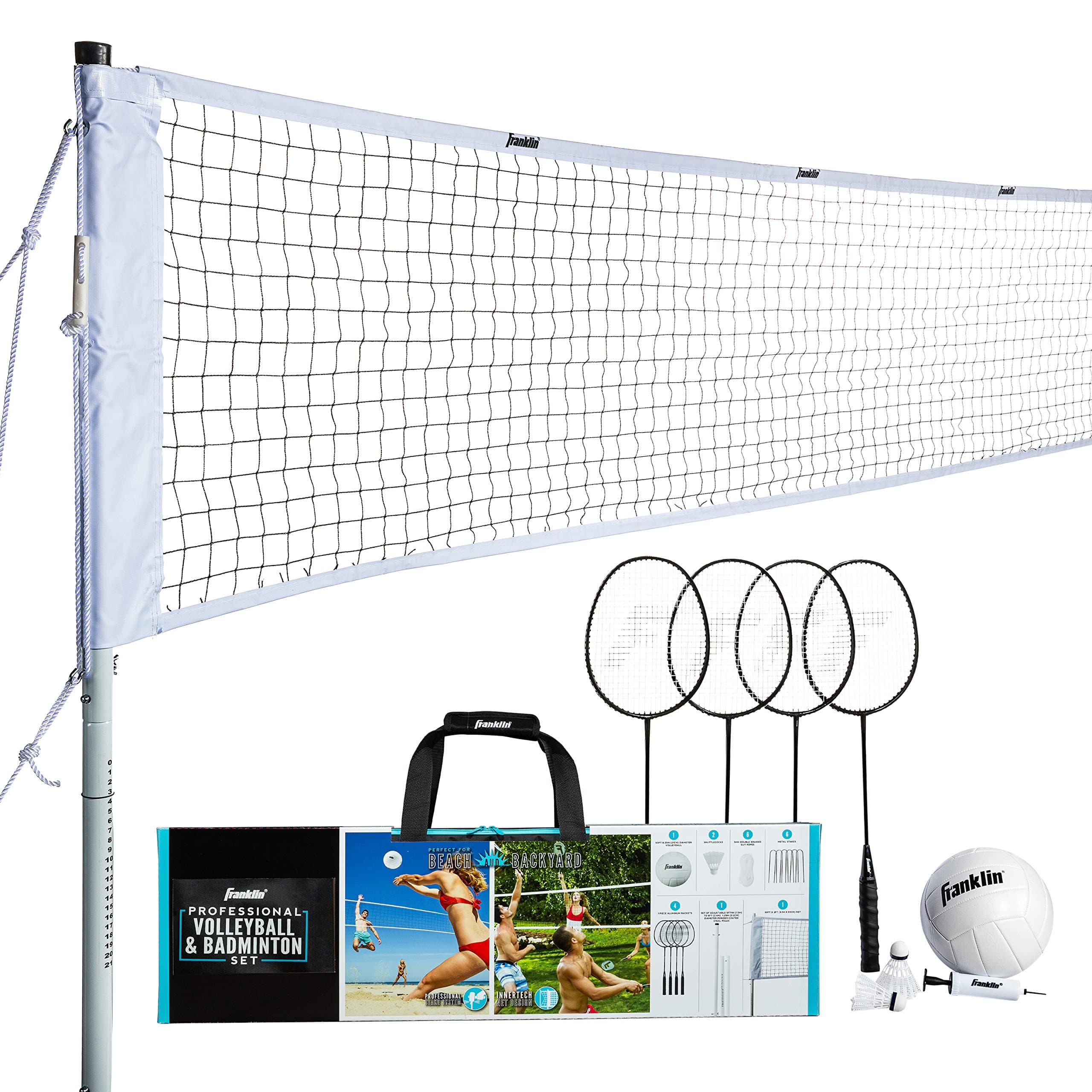 Volleyball + Badminton Combo Sets - Backyard + Beach Outdoor Volleyball + Badminton Net Set - Portable Badminton + Volleyball Net with Poles - Volleyball, Rackets + Birdies Included
