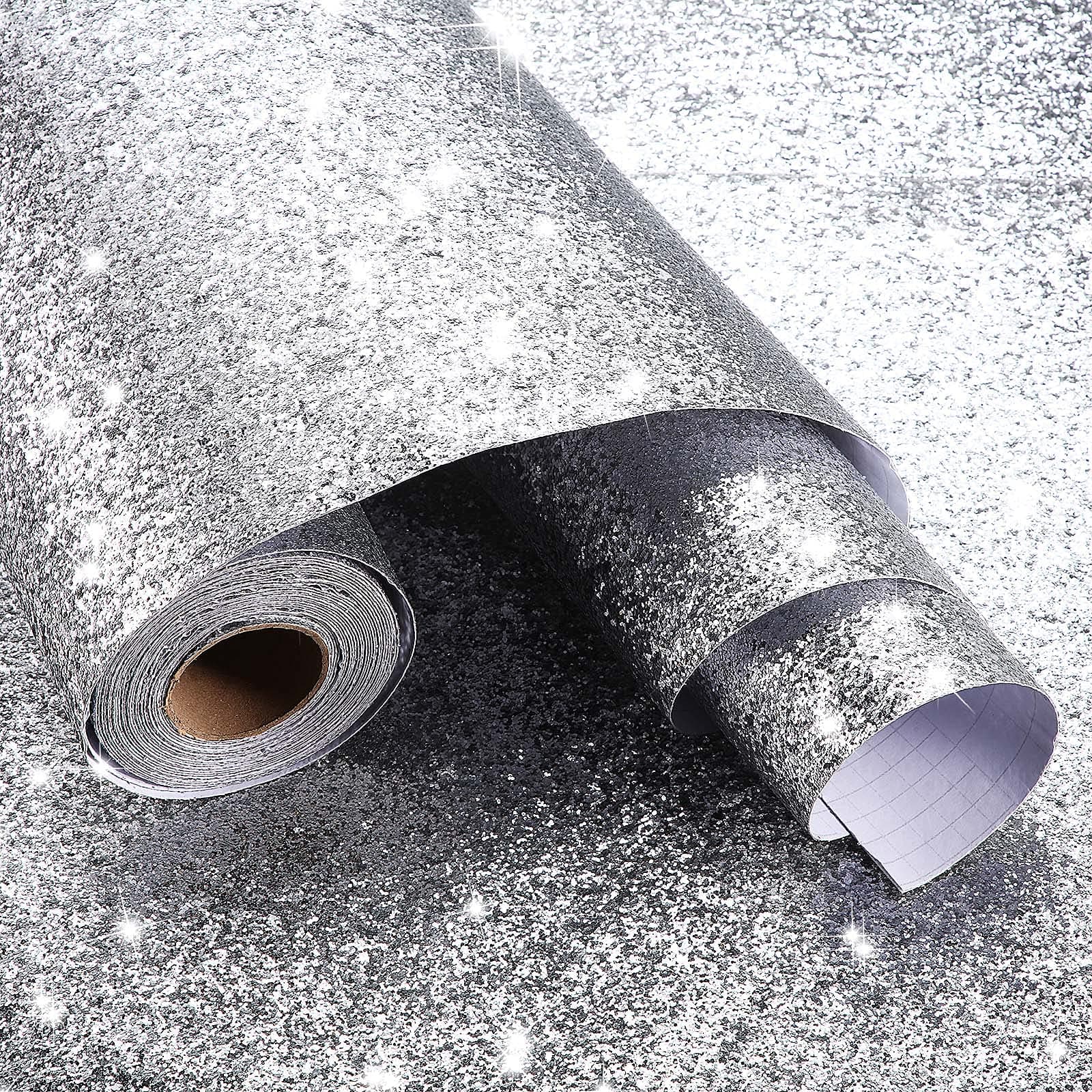 17.7 Inch x 33 Feet Self Adhesive Silver Chunky Glitter Wallpaper Peel and Stick Roll Sparkle Sequins Fabric Wallpaper Decor Bling Wallcovering for Home and Salon Background Decoration