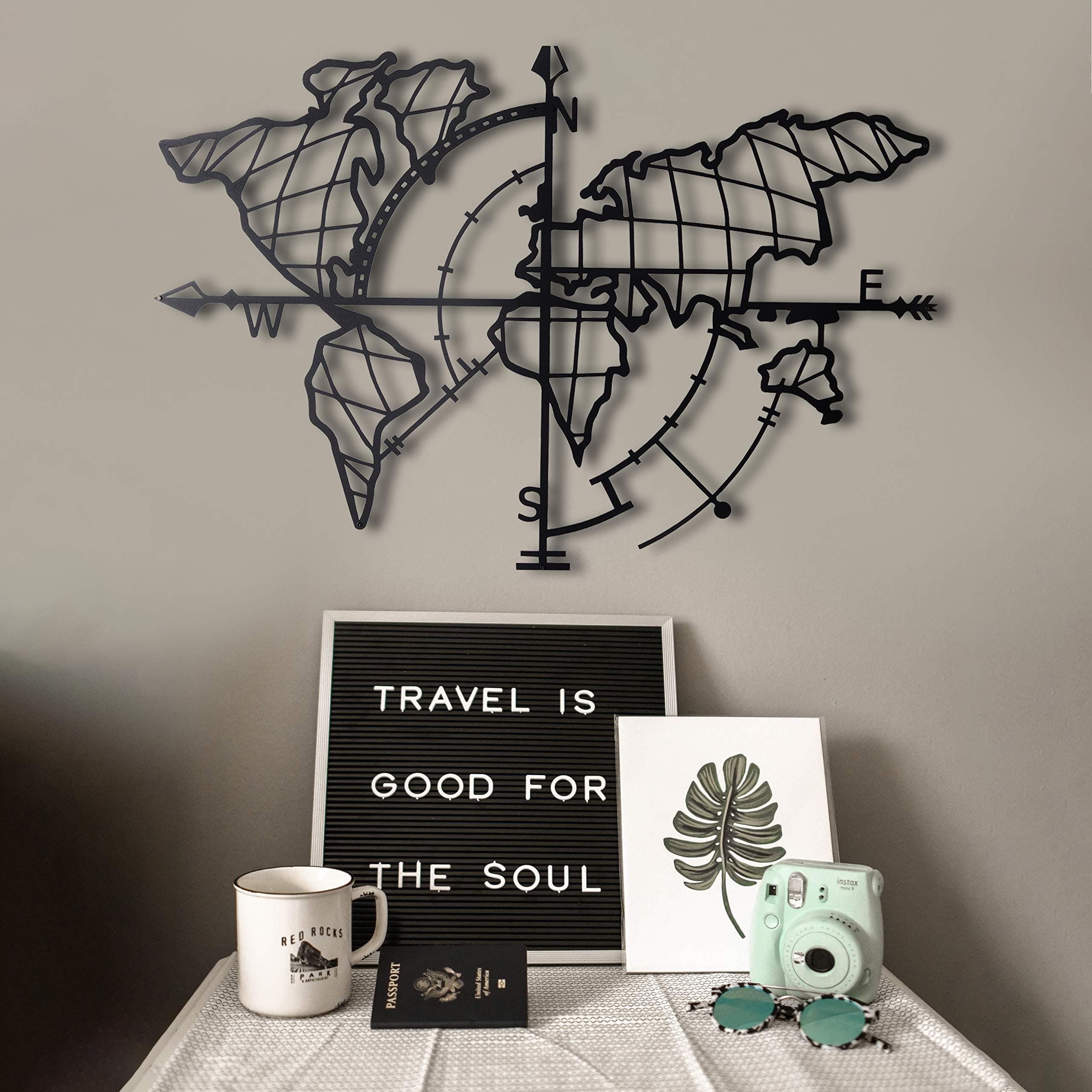 Tubibu Modern Wall Art, 100% Metal - Metalic World Map,- Size (26" x 38.") - Map of Life, Metal Wall Art, World Map and Compass Themed Wall Decor Home Gift Housewarming Gift Wedding Gift (Black)
