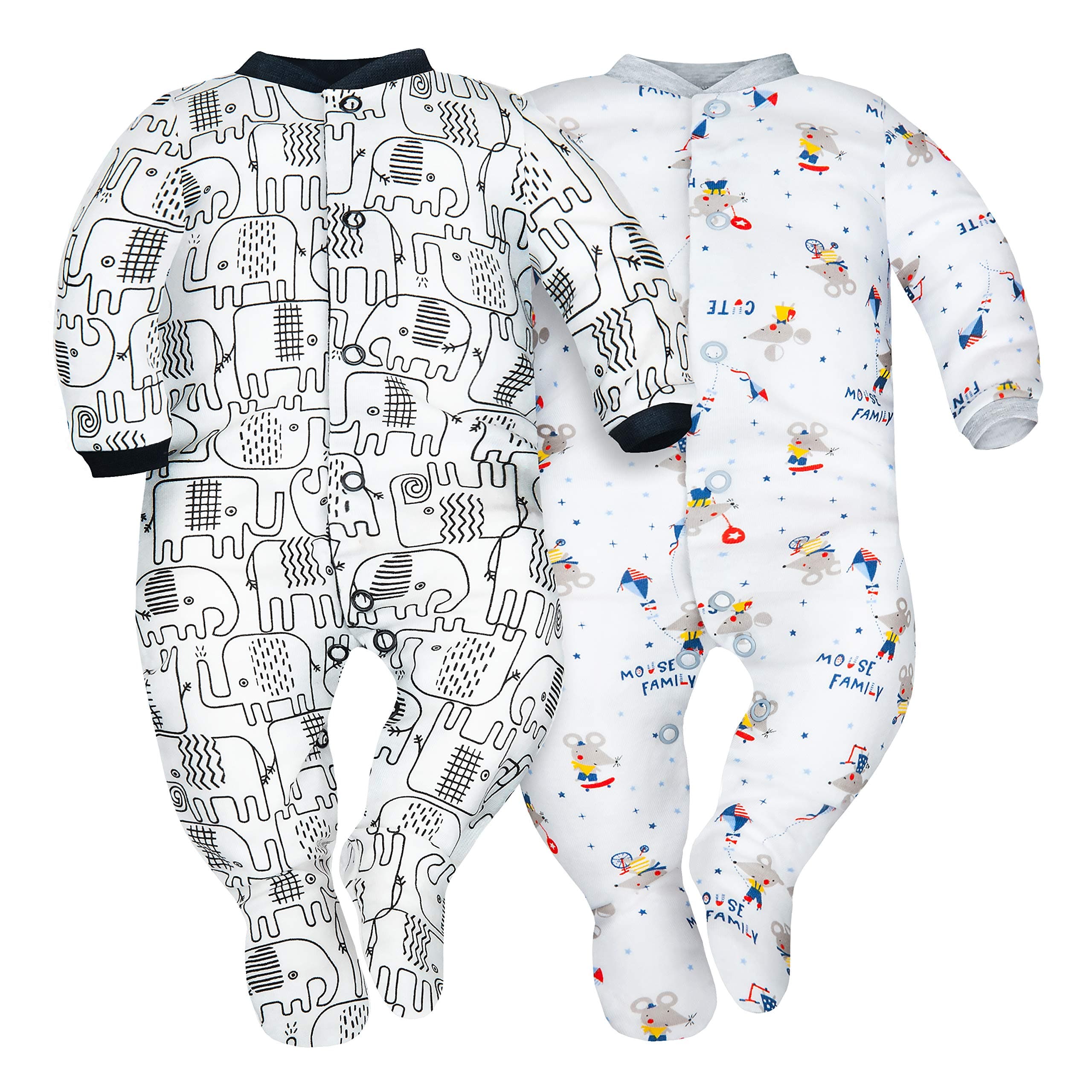 Infant Newborn Baby Boys & Girls Sleepsuits with Feet for Toddler 100% Eco Cotton, 0-24 Months(Anti-Slip Feet in Sizes 9-24 Months) Pack of 2