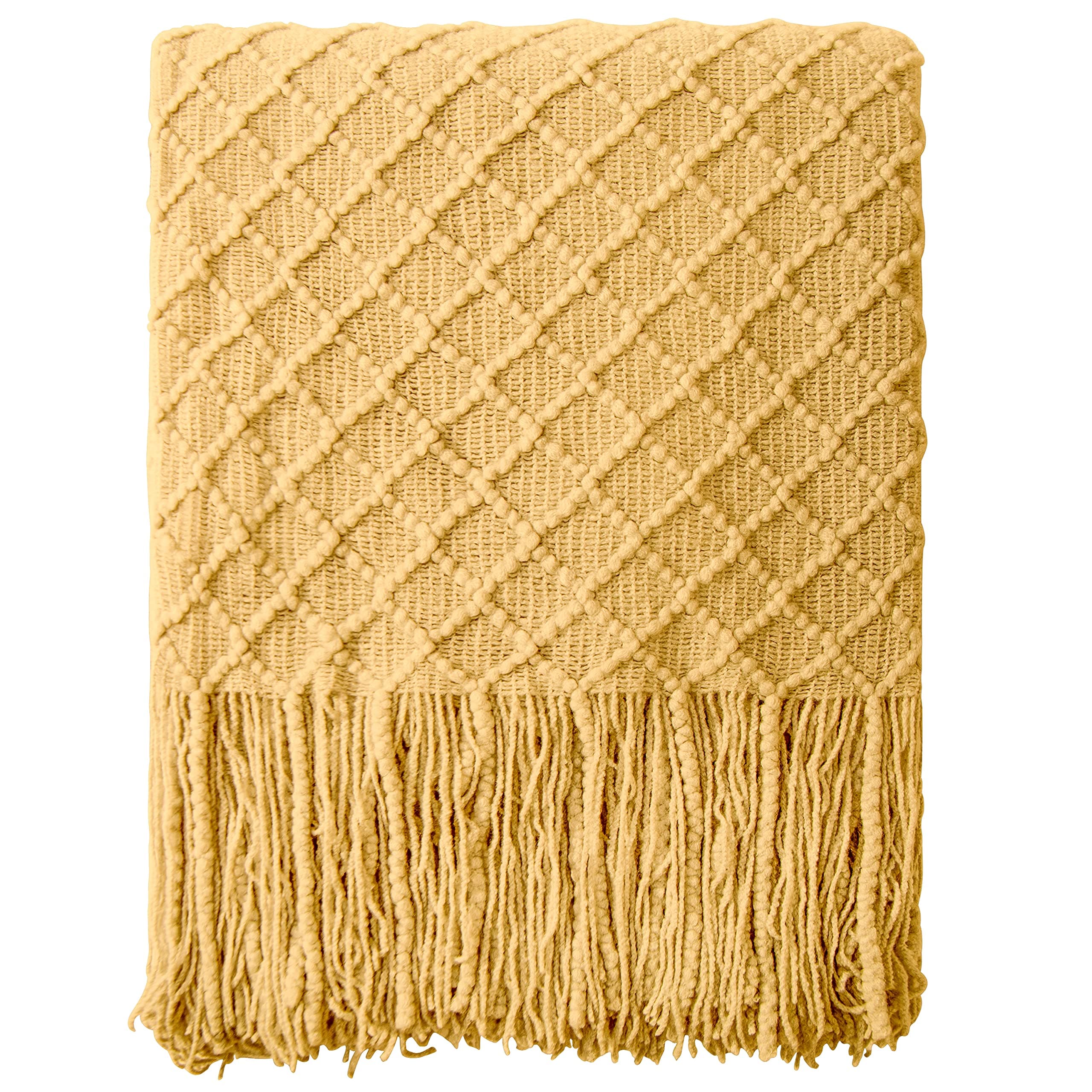 NTBAY Acrylic Knitted Throw Blanket, Lightweight and Soft Cozy Decorative Woven Blanket with Tassels for Travel, Couch, Bed, Sofa, 51x67 Inches, Mustard Yellow Checkered