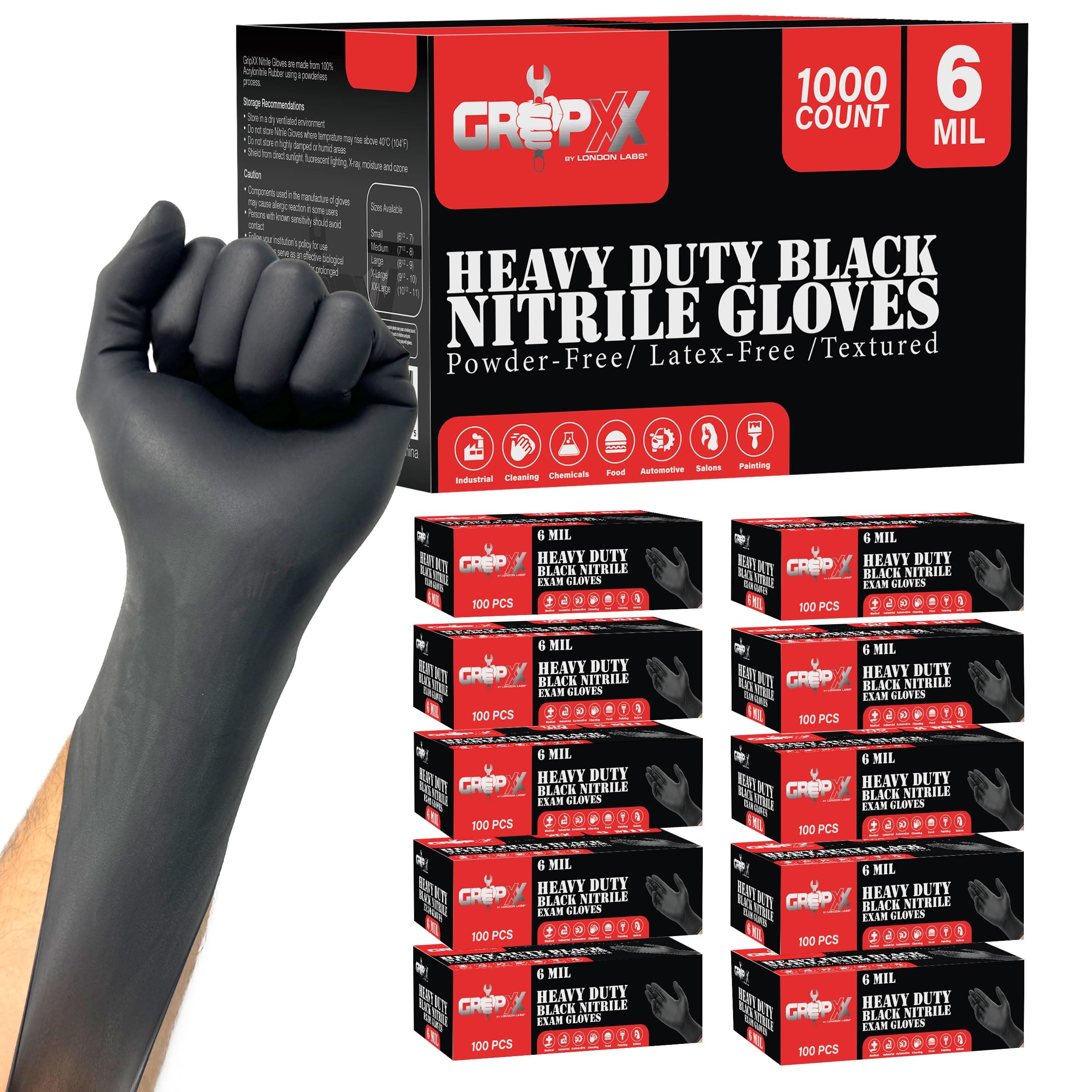 London Labs Heavy Duty Black Nitrile Gloves 6Mil Disposable Industrial Powder & Latex Free (Large, 1000 Count)