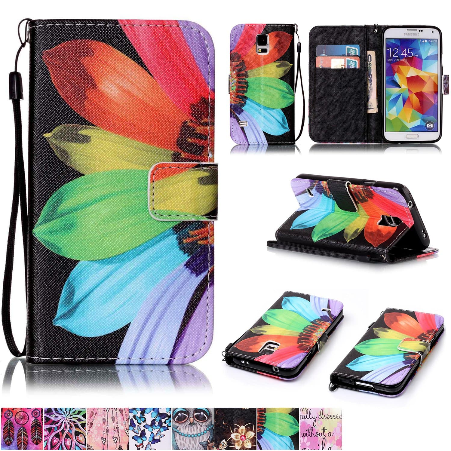 Firefish Galaxy S5 Case, [Kickstand Feature] Durable Leather Flip Folio Wallet Case with Card Slot and Anti-Scratch Protective Cover for Samsung Galaxy S5-Sunflower