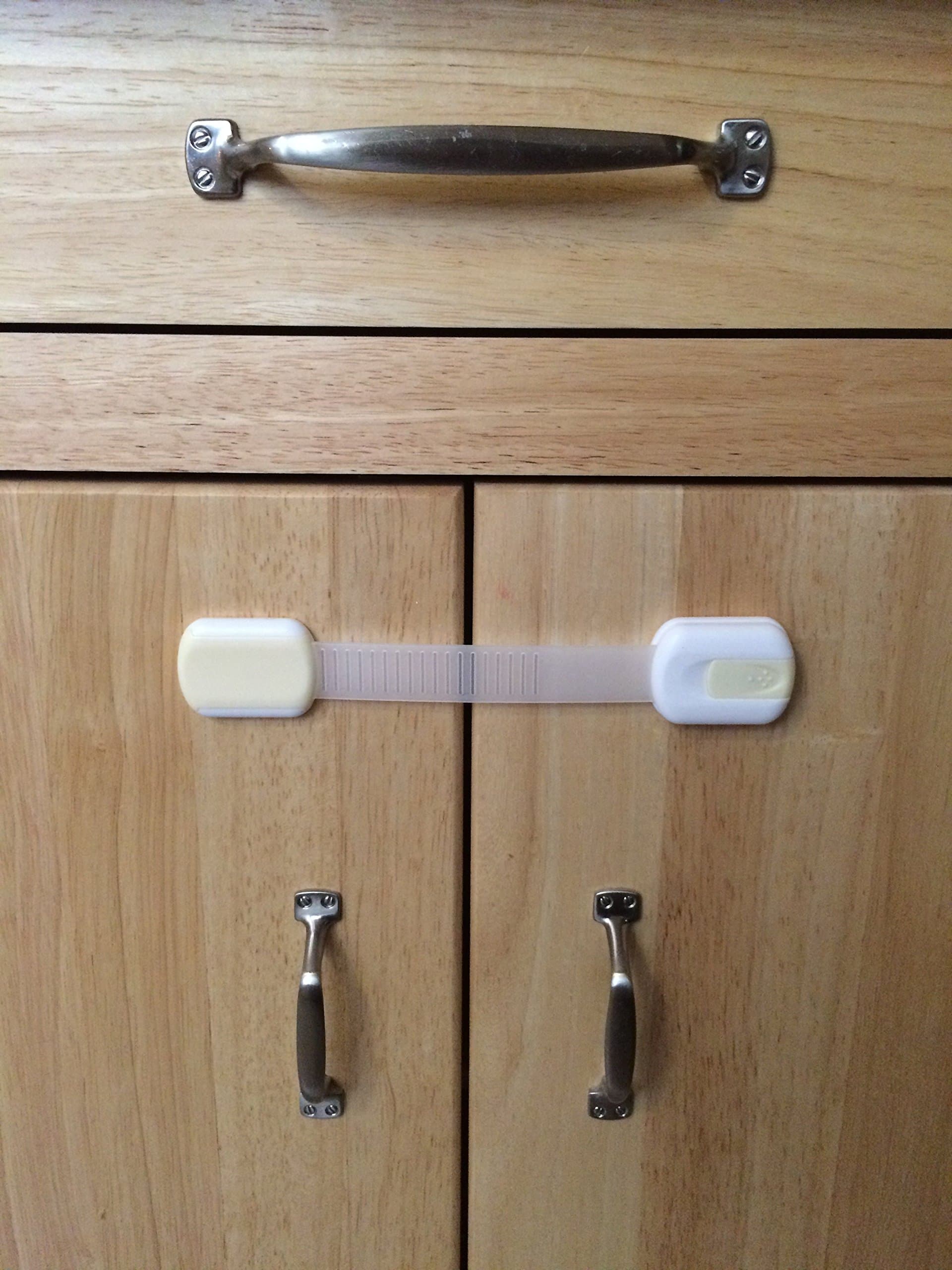 Play-Proof Slide Lock Child Baby Safety Latches for Cabinets Refrigerators Drawers Earthquake with Quality Adjustable Strap Wont Break - Made of Non-toxic Plastic (Cream, 6)