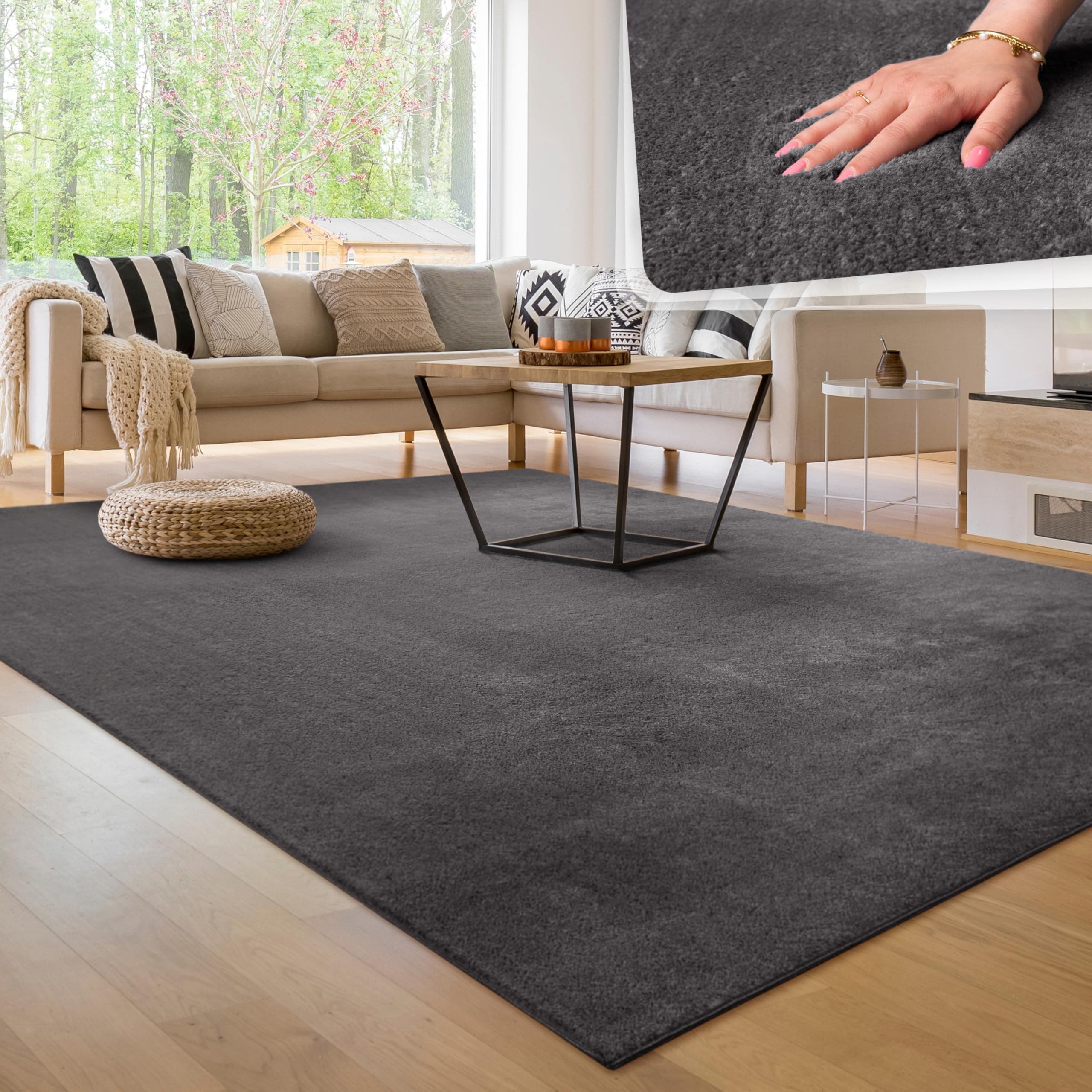 Paco Home Modern Cosy Living Room Rug Short Pile Washable Fluffy Soft Unicolor Fur Look Easy to Clean Non Slip, Size:200x280 cm, Colour:Anthracite