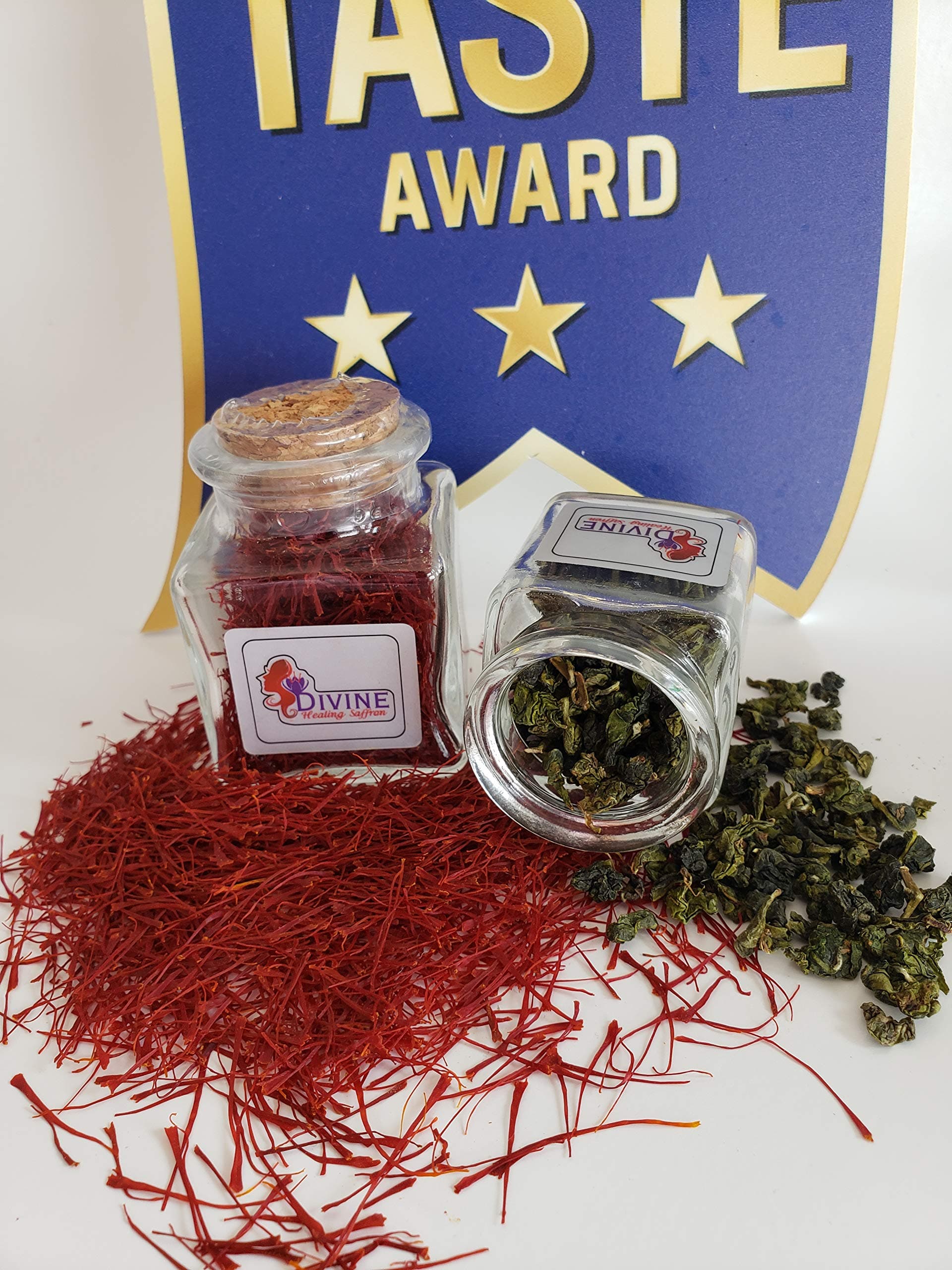 2.5 gm Award Winner Afghan Saffron & Finest Loose-leaf Green Tea Gift Set By Multiple Award Winning Divine Healing Saffron Exotic Seasoning, Non-GMO, Gluten Free, Vegan, Taste of Luxury