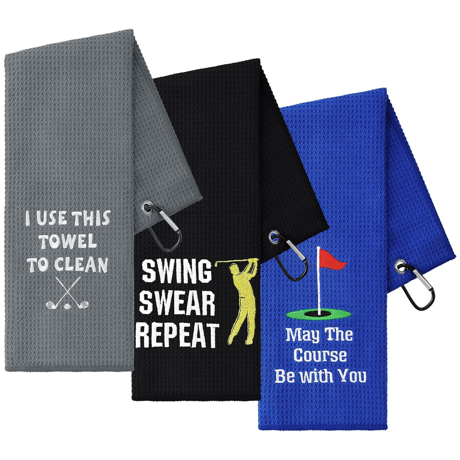Moukeren 3 Pack Funny Golf Embroidered Towels for Bags with Clip Golf Gift for Men Women Birthday Fan, Retirement Gift(Black, Gray, Blue,Warm Style)