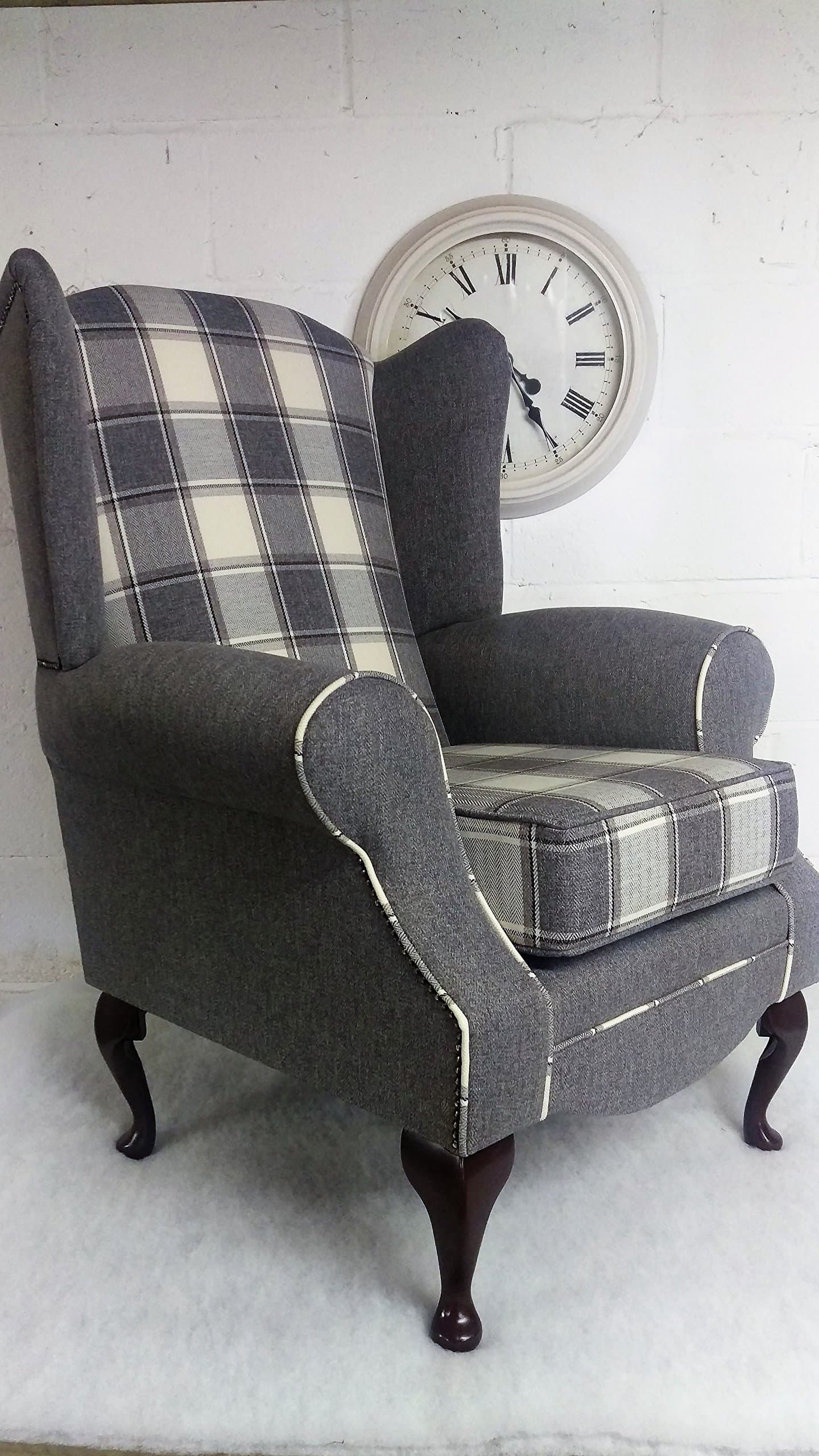 Metro Furniture Grey and Cream Tartan and Plain Wing Back Armchair