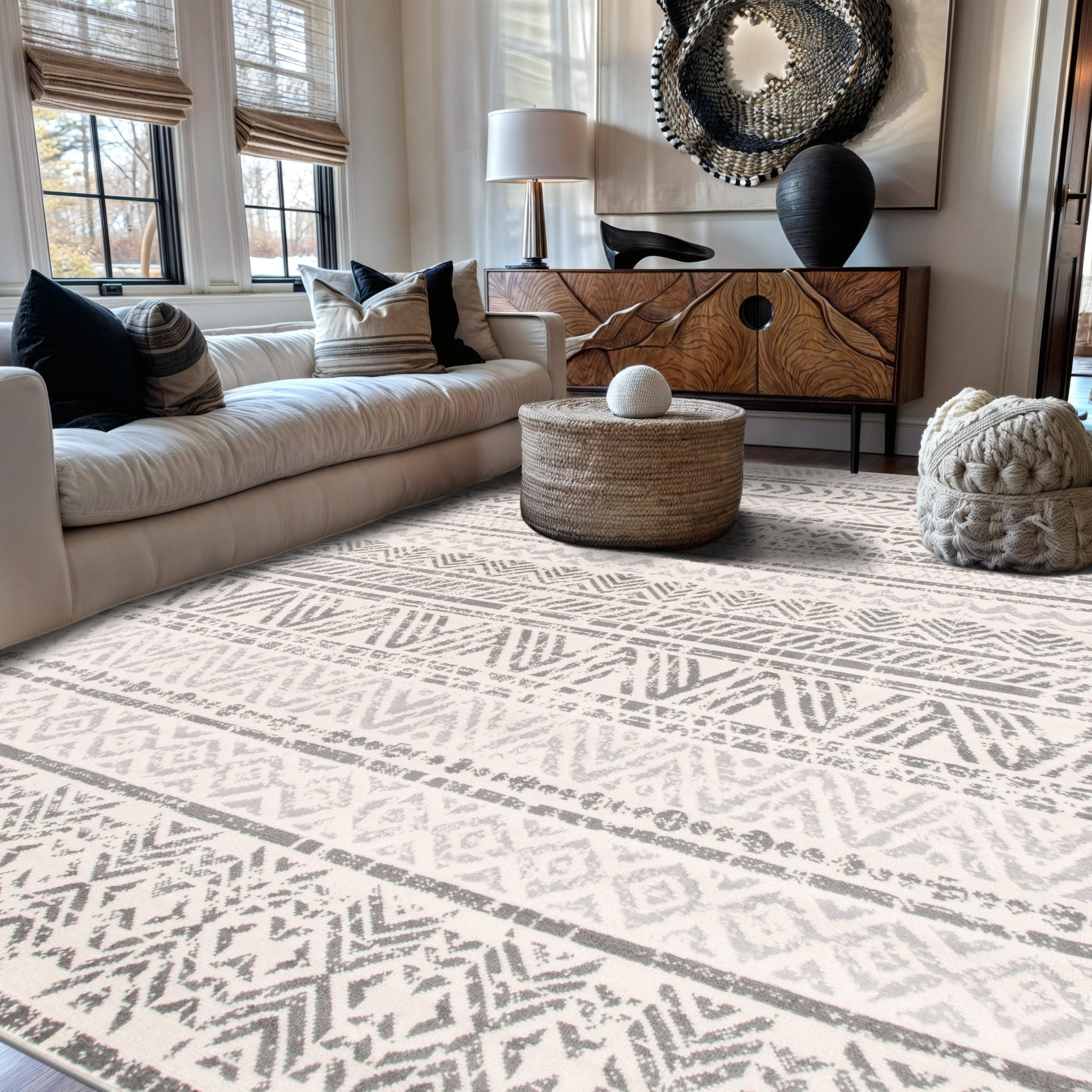 Rugshop Geometric Boho Large Area Rug – Gray Tribal Pattern, Perfect for Living Room, Bedroom, Dining Room, 7'10" x 10'