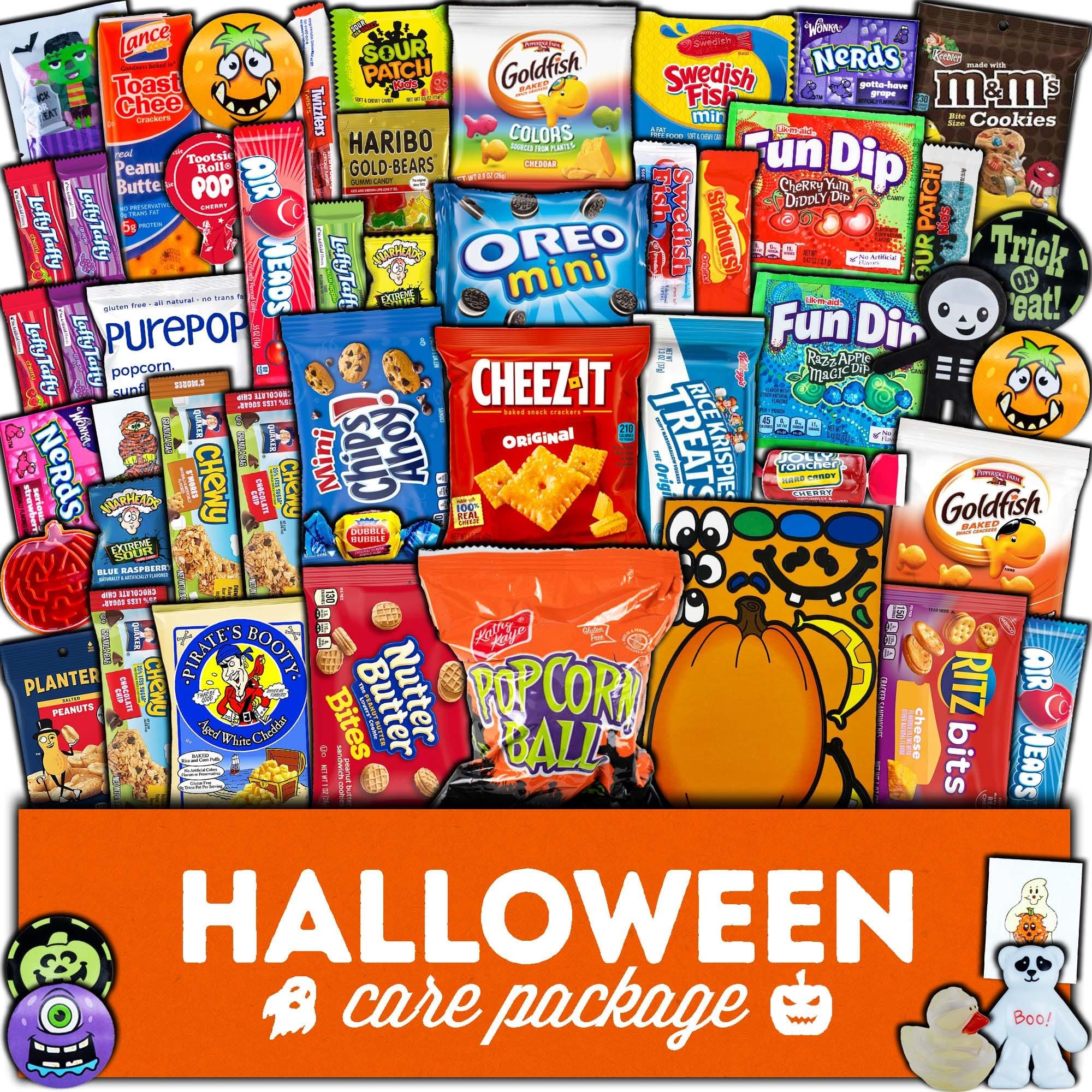 Halloween Candy Care Package Gift (50ct) Snacks Box Basket Candies Kids Children Adults Cookies Food Variety Pack Bundle Mixed Bulk Sampler Girls Boys Guys Men Women Boyfriend Girlfriend College Student