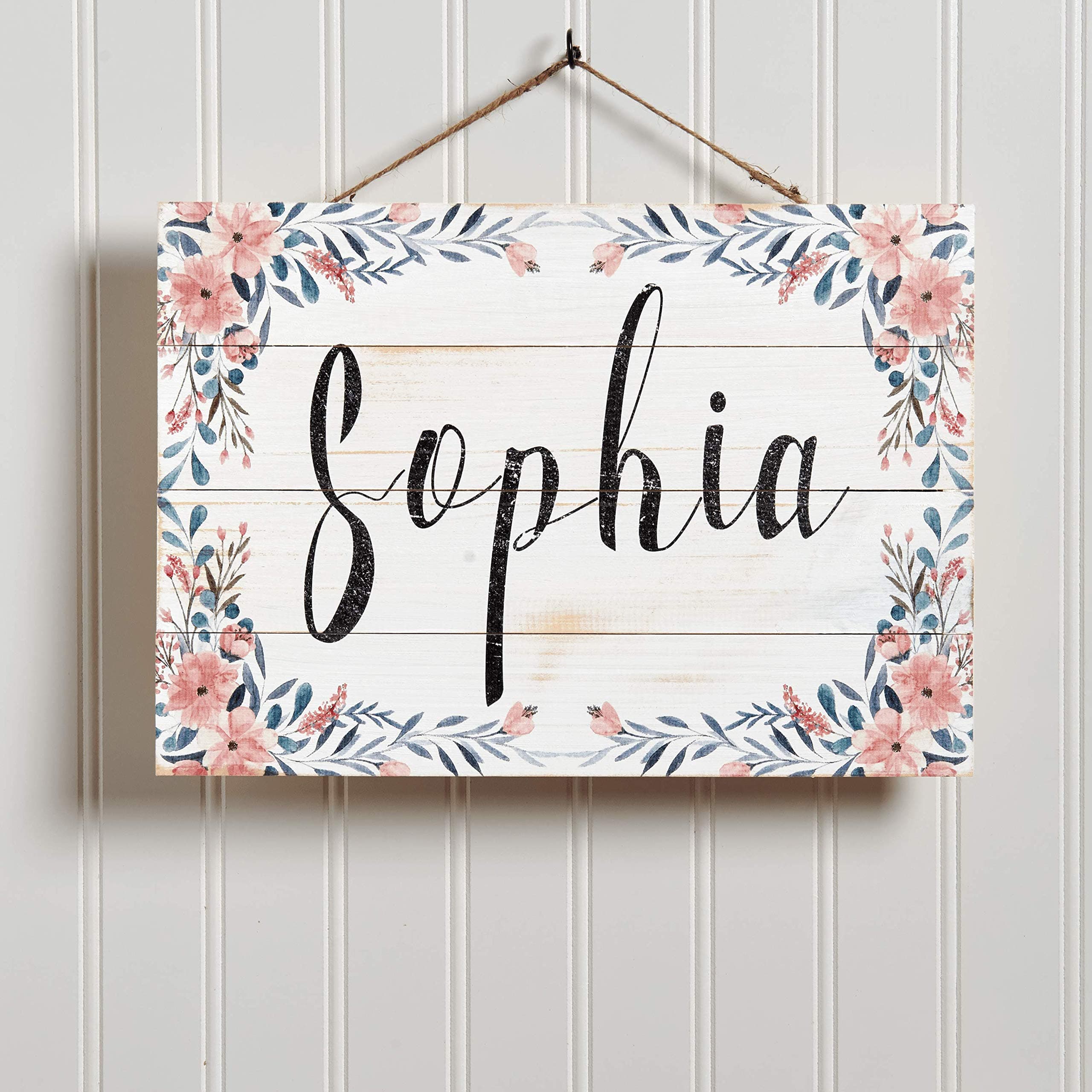 Artblox Personalized Name Rustic Nursery Room Wood Sign Home Decor - Vintage Custom Name & Flowers, Premium Barn Wood Farmhouse Style Wooden Wall Art Country Pallet Plaque 13x9 - White