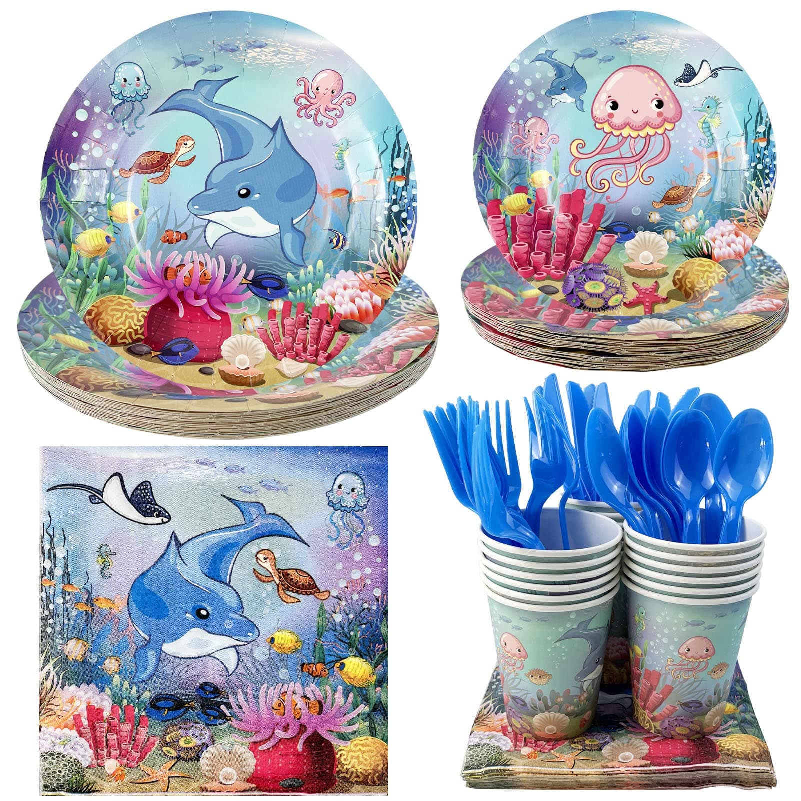 Ocean Sea Life Dolphin Fish Party Supplies - Serves 20 Guest Includes Plates Cups Napkins Fork Spoon and Knife for Underwater World Creatures Theme Birthday Baby Shower Parties Decoration