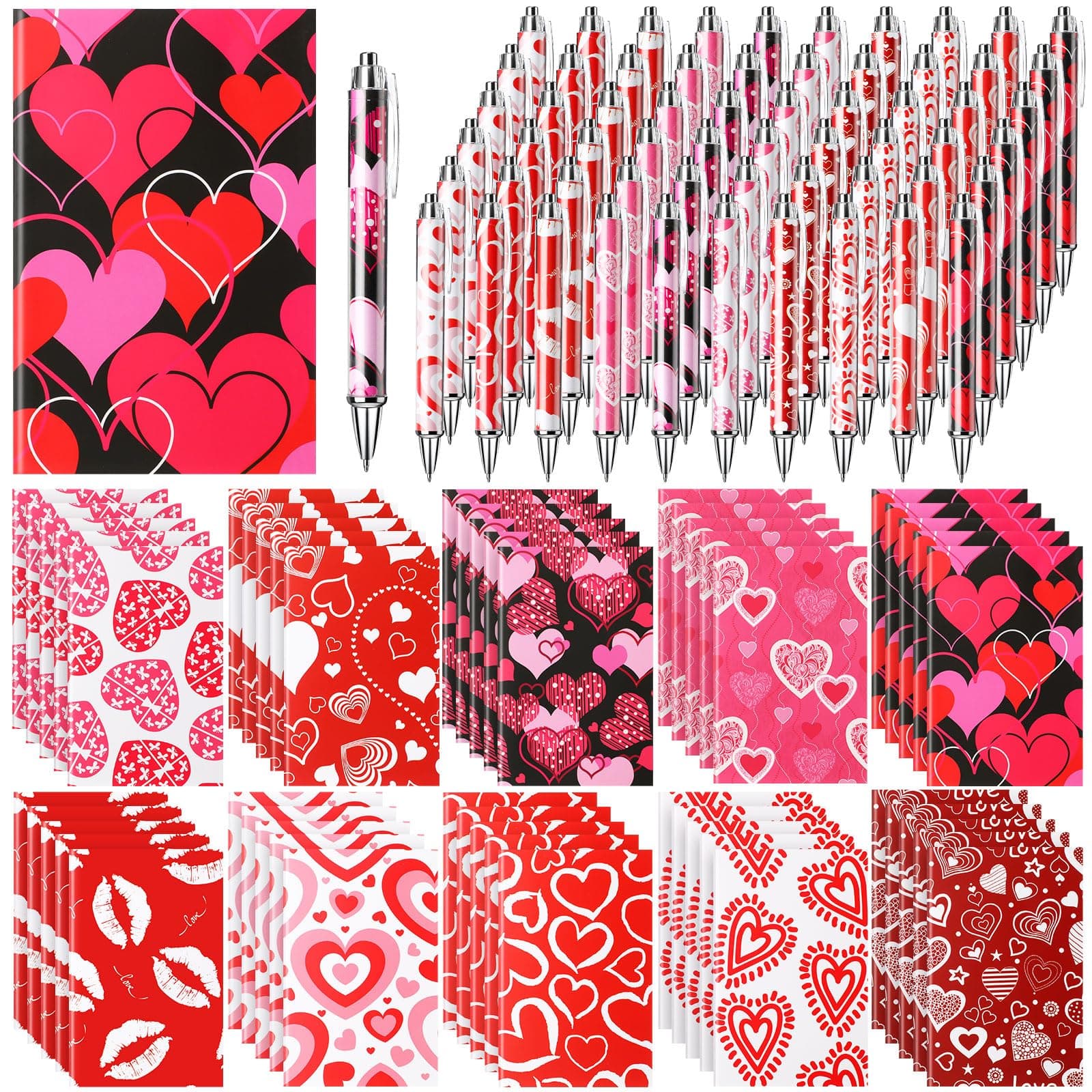 120 Pcs Valentine's Day Gifts, 60 Pcs Valentine Notepads 4.92 x 3.15 Inch Notebooks Small Journals Bulk, 60 Pcs Ballpoint Pens Black Ink Pens for Journaling Office Gifts